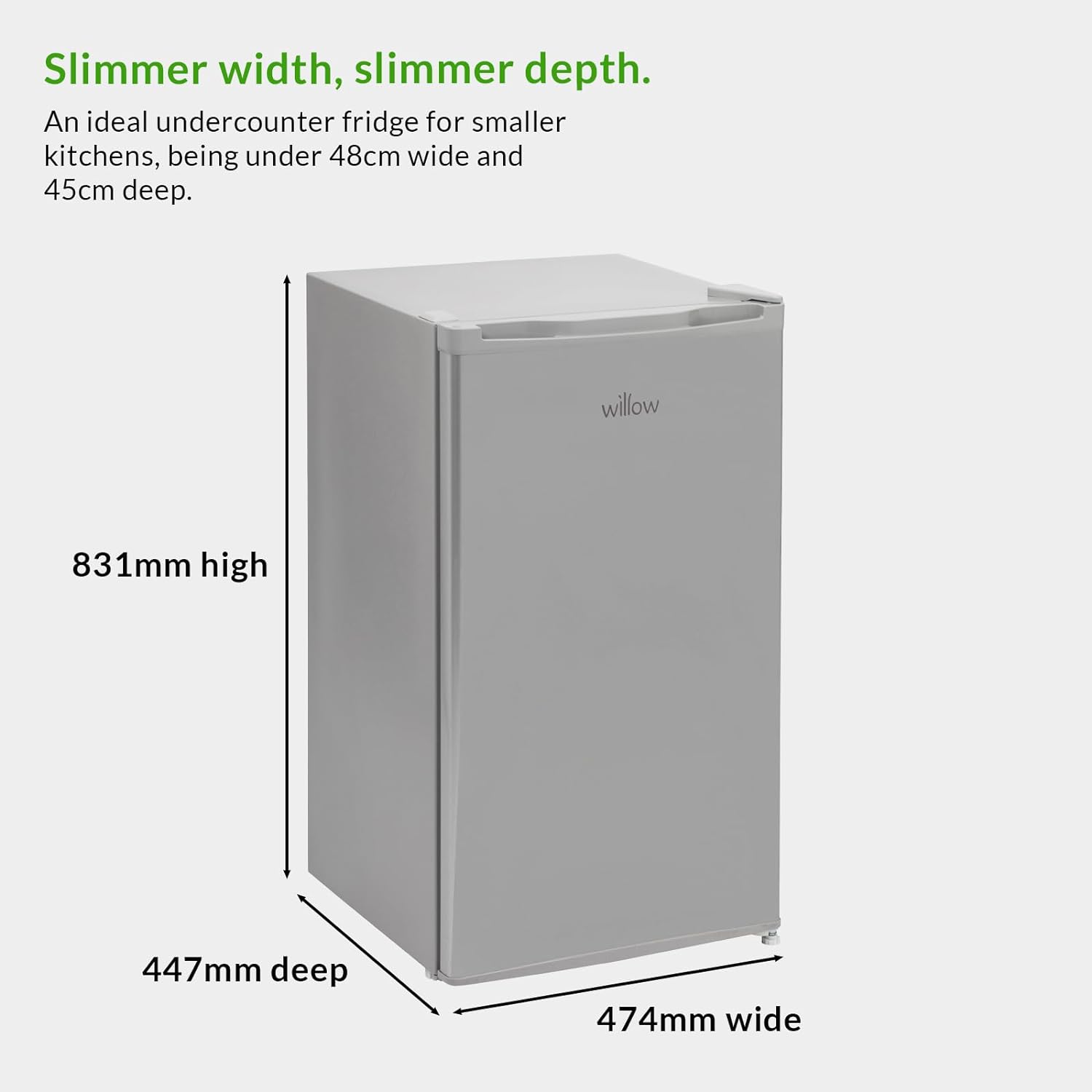 Willow W48UFIS Freestanding Under Counter Larder Fridge with Chiller Box, 90 Litre Capacity, Adjustable Feet and Reversible Door – Silver   Import  Single ASIN  Import  Multiple ASIN ×Product customization General Description Gallery - Amazing Gadgets Outlet