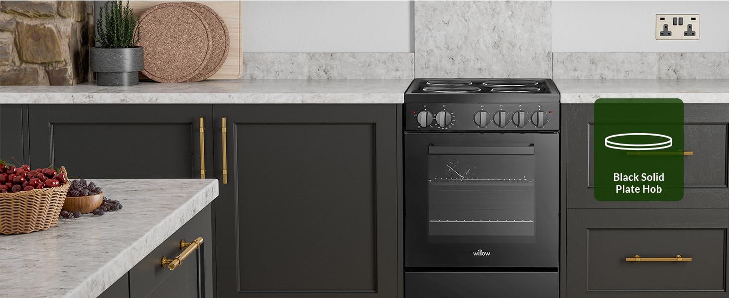 Willow WE50SSB 62L Freestanding Electric Cooker, 50cm Wide Single Cavity Cooker with Solid 4 Zone Plate Hob, 2 Year Warranty - Black - Amazing Gadgets Outlet