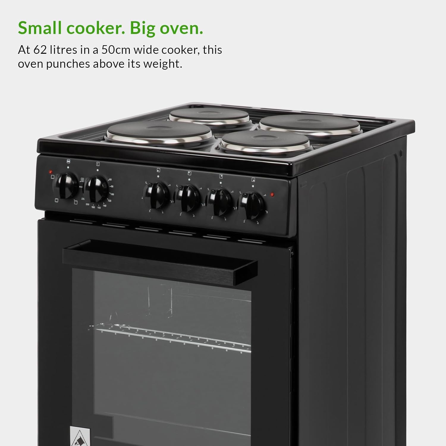 Willow WE50SSB 62L Freestanding Electric Cooker, 50cm Wide Single Cavity Cooker with Solid 4 Zone Plate Hob, 2 Year Warranty - Black - Amazing Gadgets Outlet