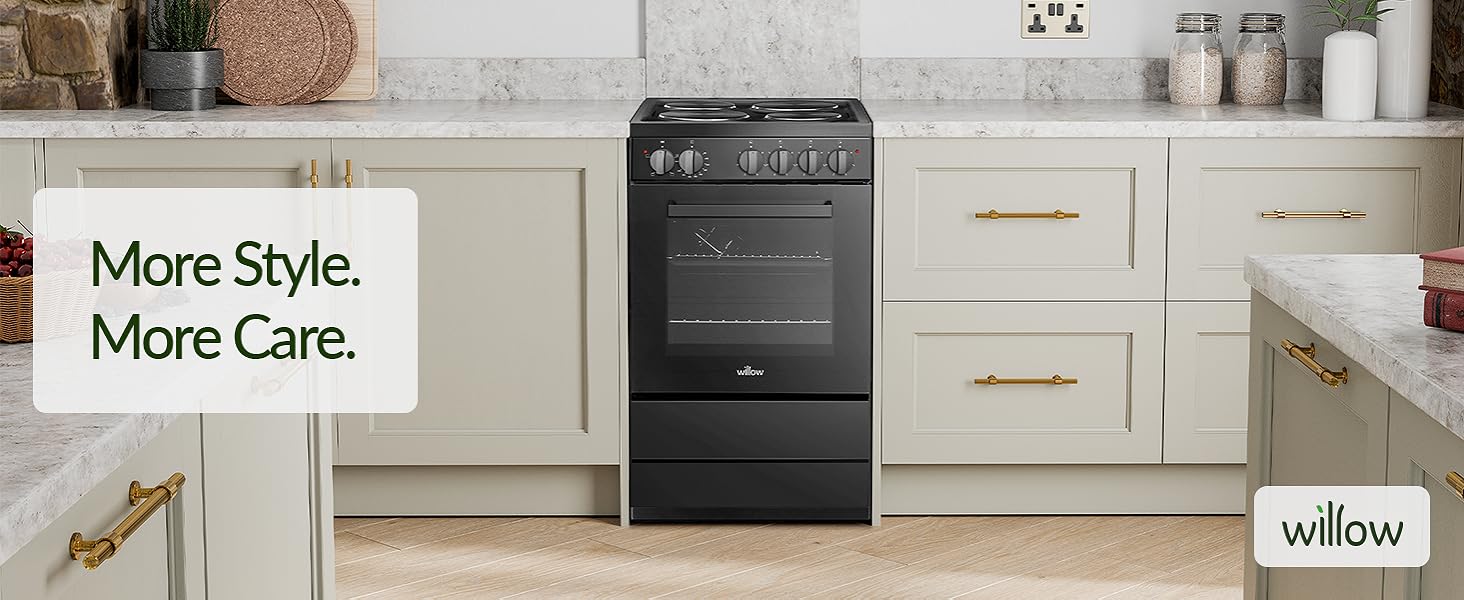 Willow WE50SSB 62L Freestanding Electric Cooker, 50cm Wide Single Cavity Cooker with Solid 4 Zone Plate Hob, 2 Year Warranty - Black - Amazing Gadgets Outlet