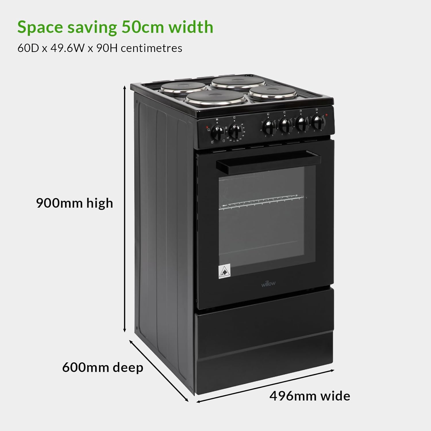 Willow WE50SSB 62L Freestanding Electric Cooker, 50cm Wide Single Cavity Cooker with Solid 4 Zone Plate Hob, 2 Year Warranty - Black - Amazing Gadgets Outlet