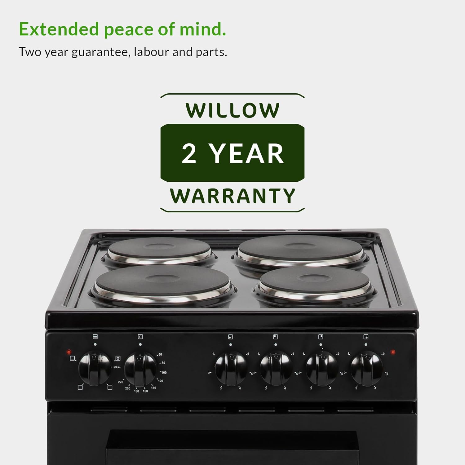 Willow WE50SSB 62L Freestanding Electric Cooker, 50cm Wide Single Cavity Cooker with Solid 4 Zone Plate Hob, 2 Year Warranty - Black - Amazing Gadgets Outlet