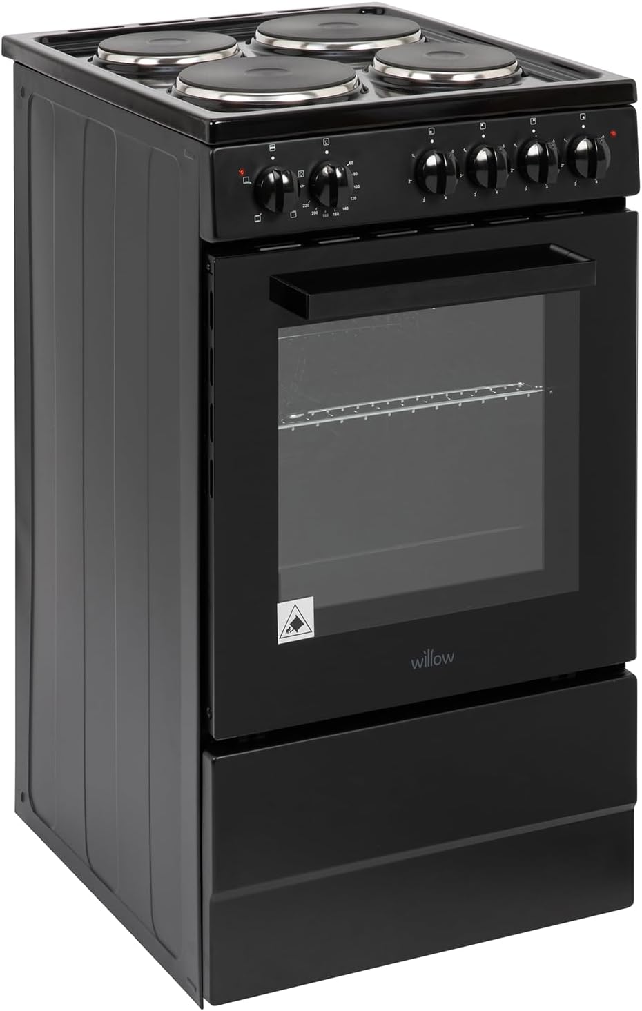 Willow WE50SSB 62L Freestanding Electric Cooker, 50cm Wide Single Cavity Cooker with Solid 4 Zone Plate Hob, 2 Year Warranty - Black - Amazing Gadgets Outlet