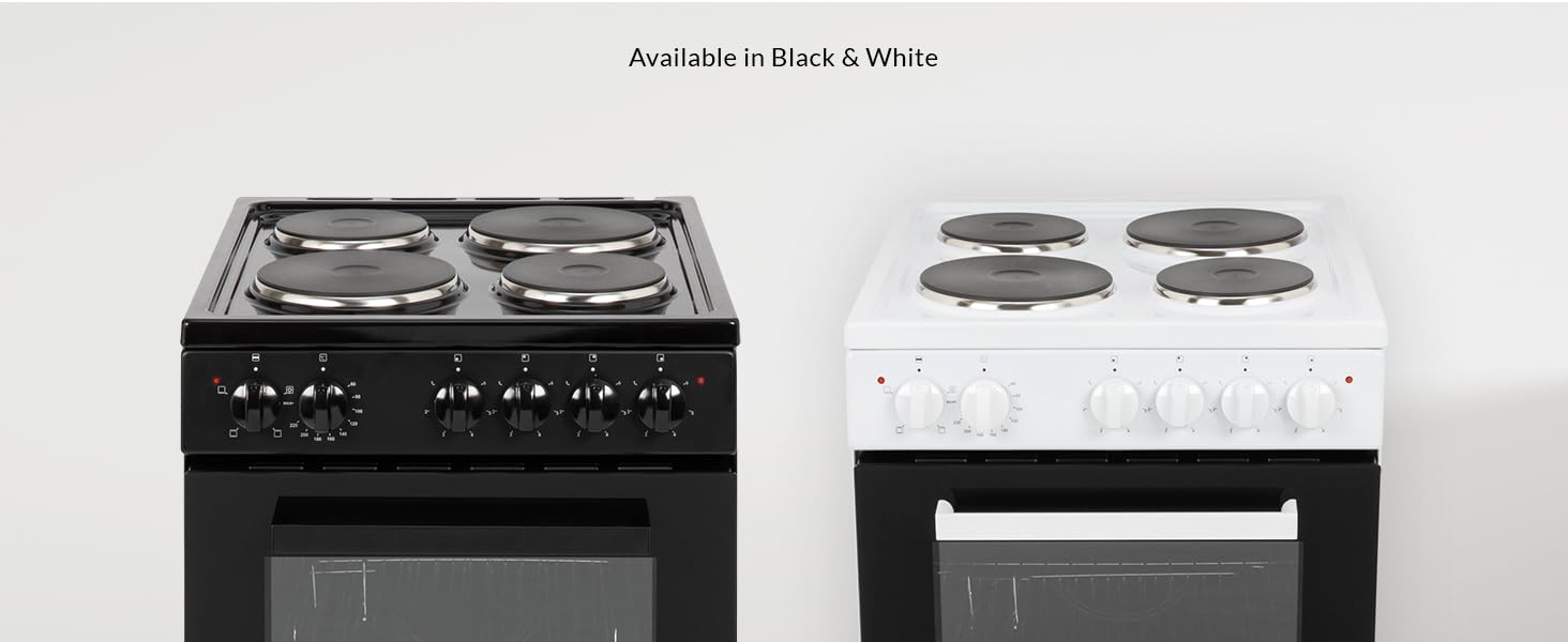 Willow WE50SSB 62L Freestanding Electric Cooker, 50cm Wide Single Cavity Cooker with Solid 4 Zone Plate Hob, 2 Year Warranty - Black - Amazing Gadgets Outlet