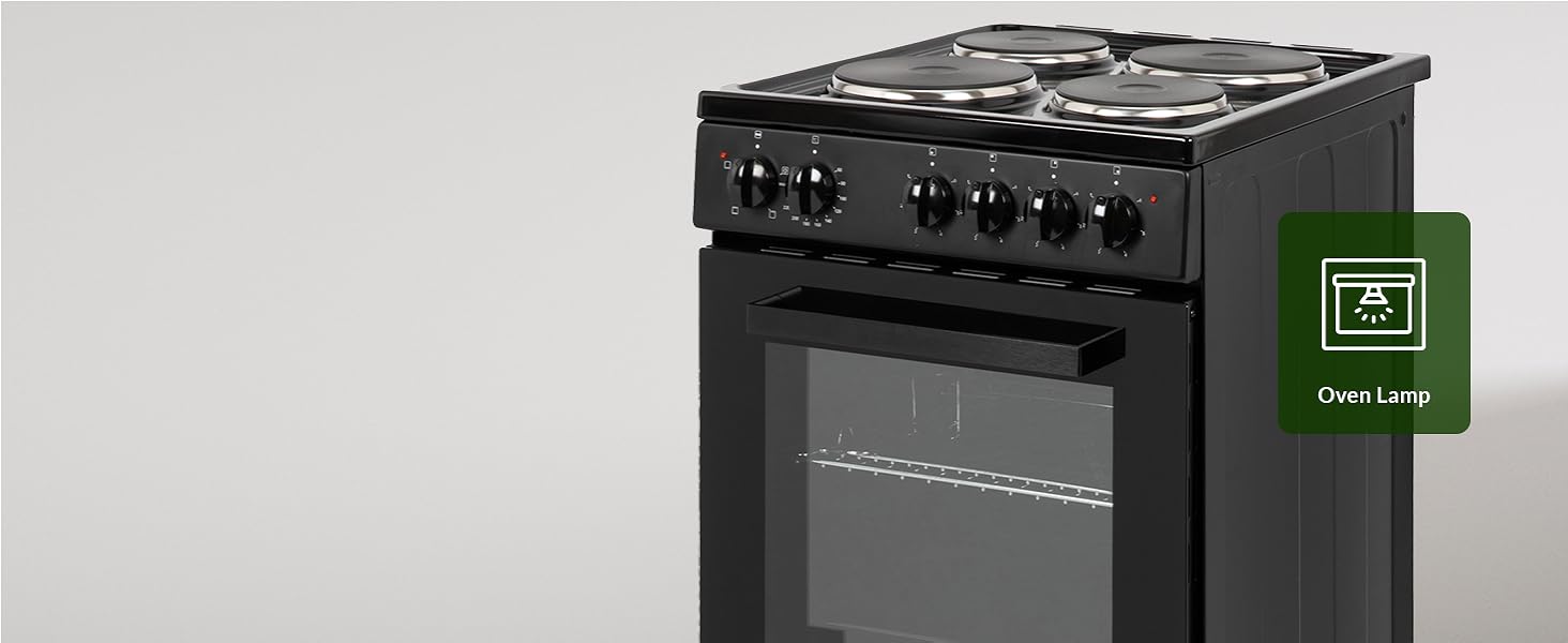 Willow WE50SSB 62L Freestanding Electric Cooker, 50cm Wide Single Cavity Cooker with Solid 4 Zone Plate Hob, 2 Year Warranty - Black - Amazing Gadgets Outlet