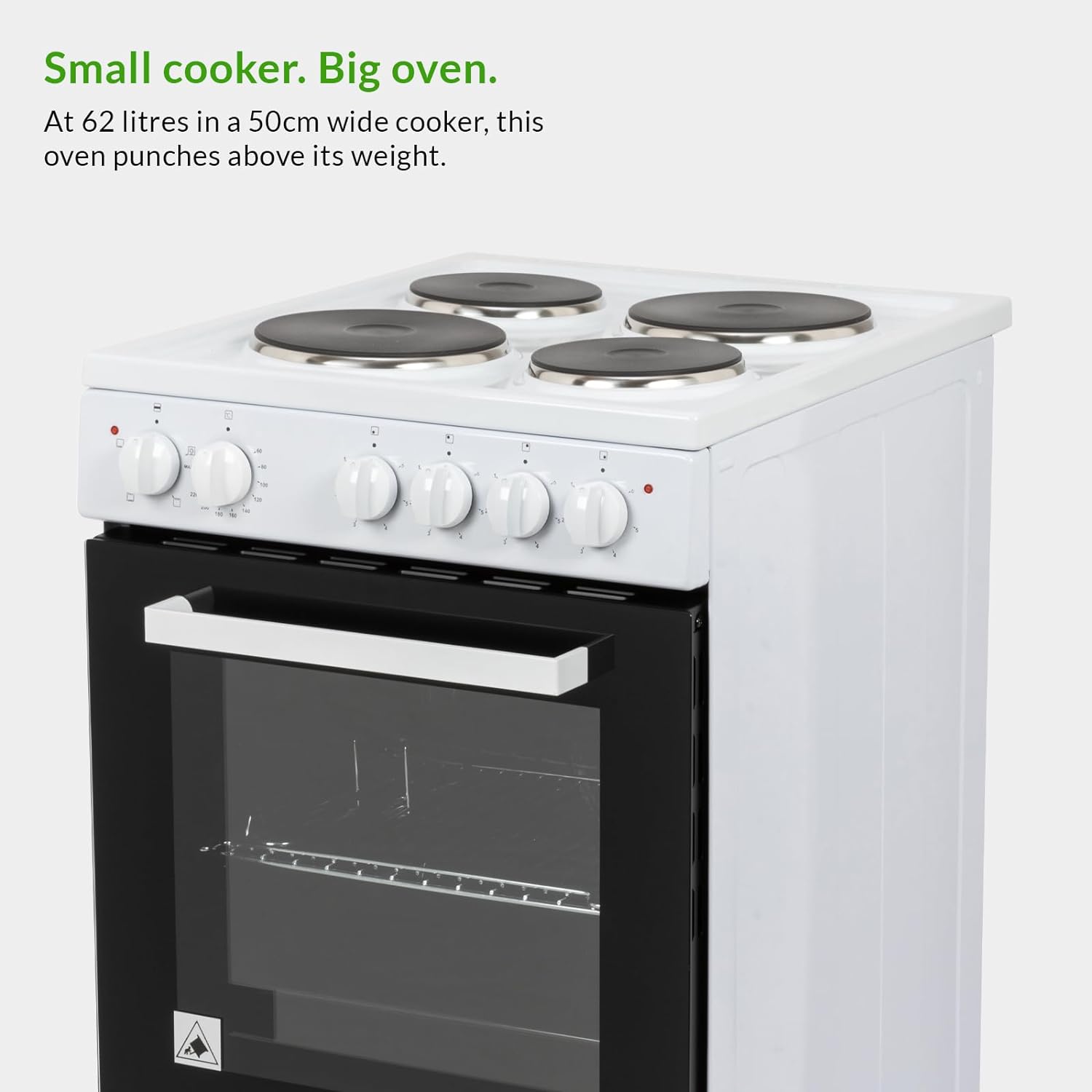 Willow WE50SSW 62L Freestanding Electric Cooker, 50cm Wide Single Cavity Cooker with Solid 4 Zone Plate Hob, 2 Year Warranty - White - Amazing Gadgets Outlet