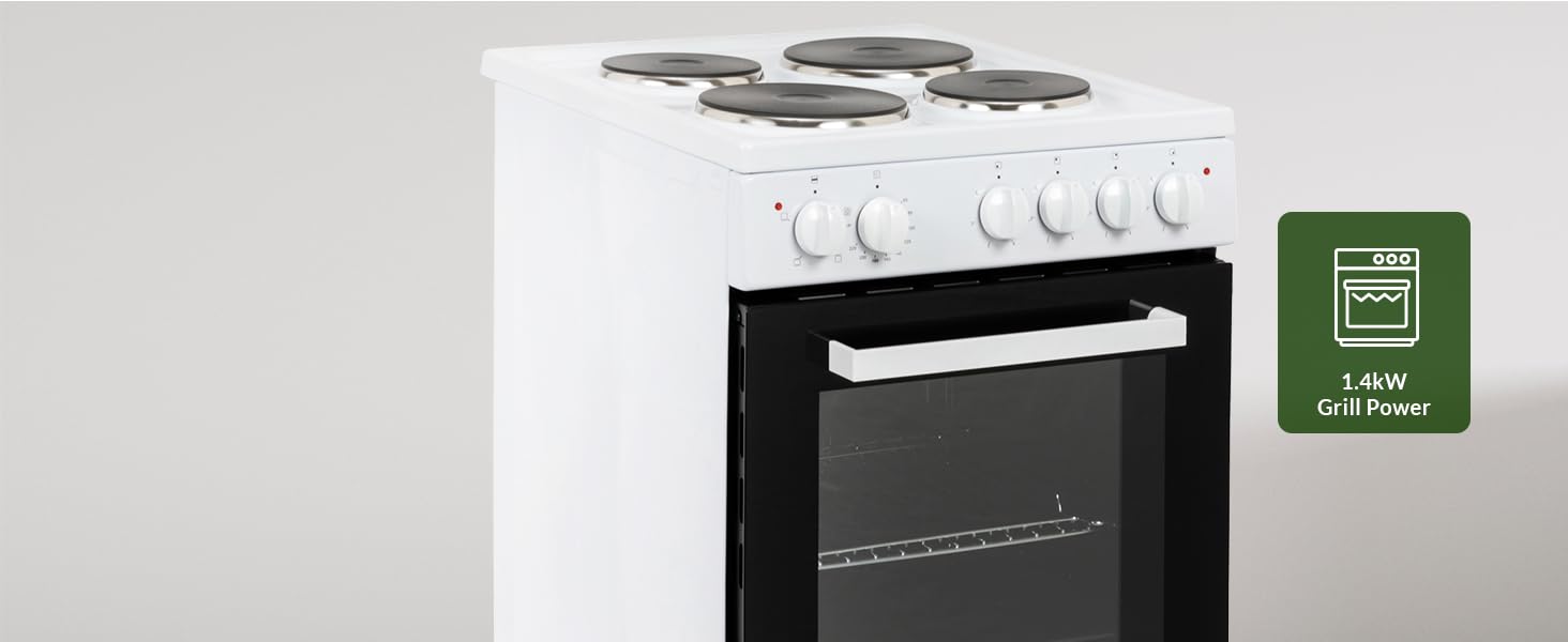 Willow WE50SSW 62L Freestanding Electric Cooker, 50cm Wide Single Cavity Cooker with Solid 4 Zone Plate Hob, 2 Year Warranty - White - Amazing Gadgets Outlet