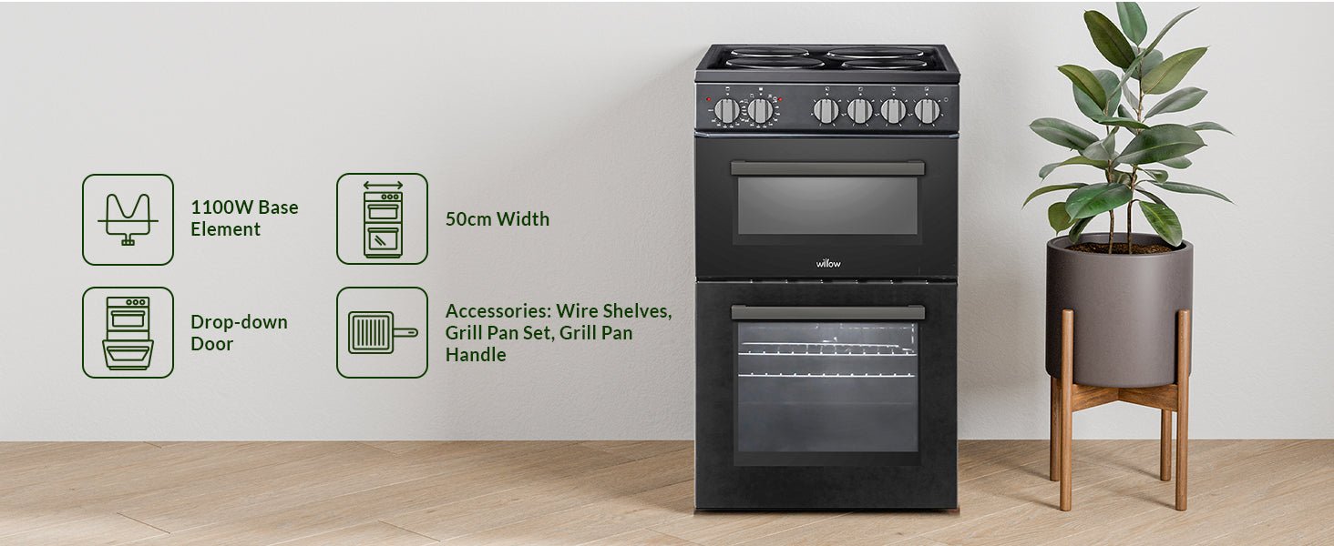 Willow WE50TSB 62L Freestanding Electric Cooker, 50cm Wide Twin Cavity Cooker with Solid 4 Plate Hob, 31L Capacity Grill Cavity, 2 Year Warranty - Black - Amazing Gadgets Outlet