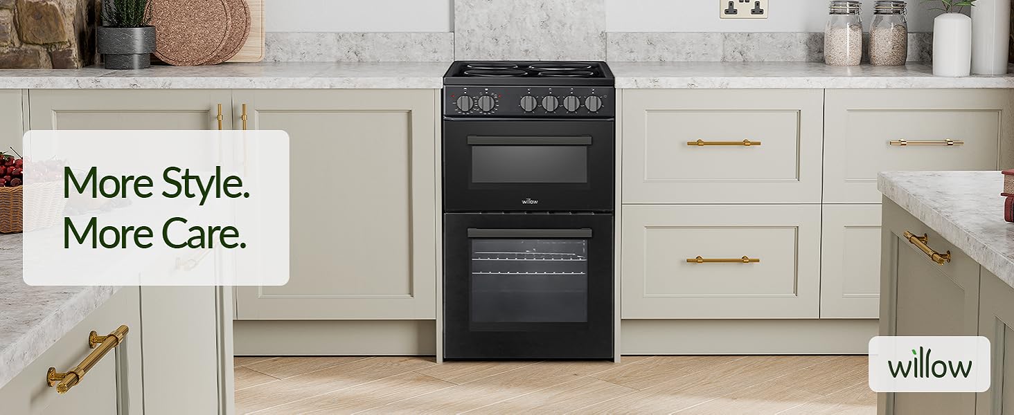 Willow WE50TSB 62L Freestanding Electric Cooker, 50cm Wide Twin Cavity Cooker with Solid 4 Plate Hob, 31L Capacity Grill Cavity, 2 Year Warranty - Black - Amazing Gadgets Outlet