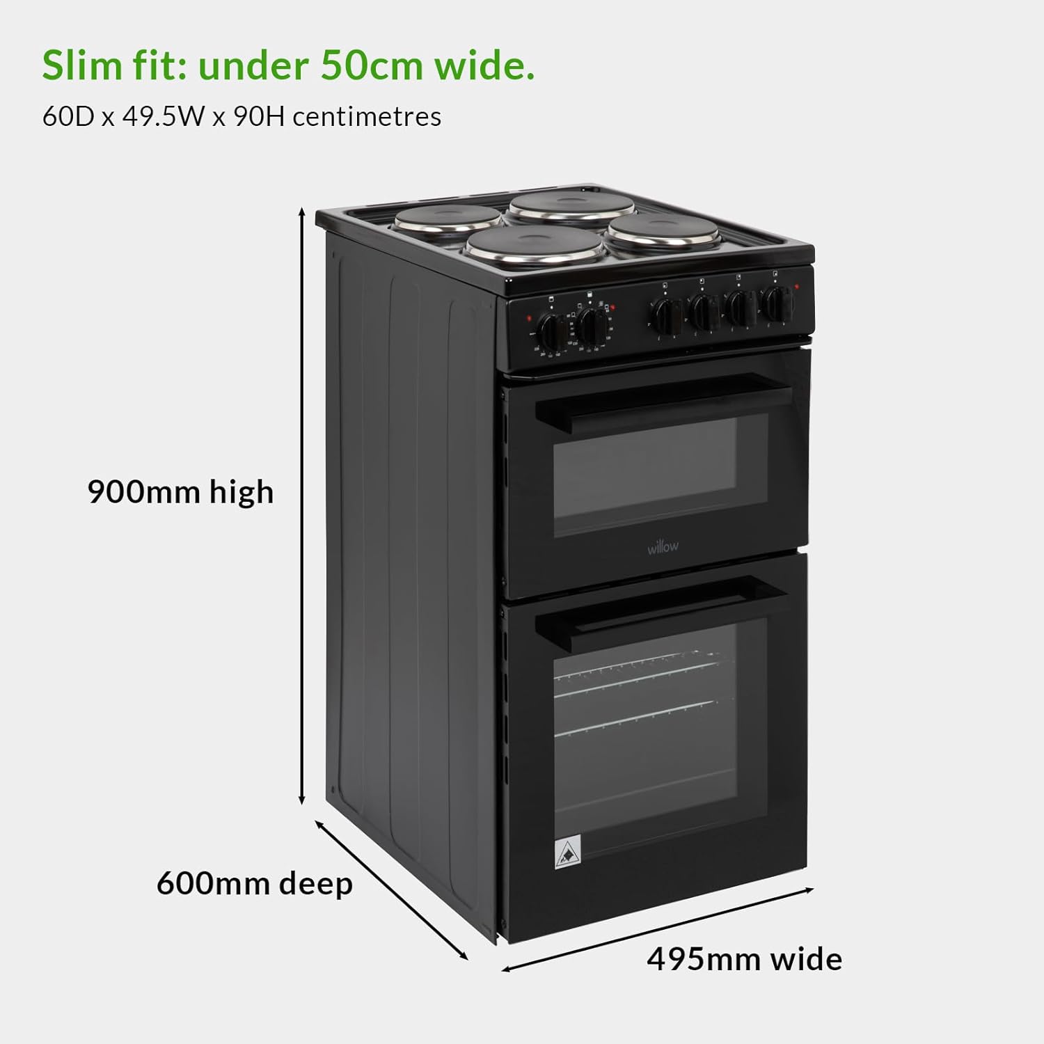 Willow WE50TSB 62L Freestanding Electric Cooker, 50cm Wide Twin Cavity Cooker with Solid 4 Plate Hob, 31L Capacity Grill Cavity, 2 Year Warranty - Black - Amazing Gadgets Outlet