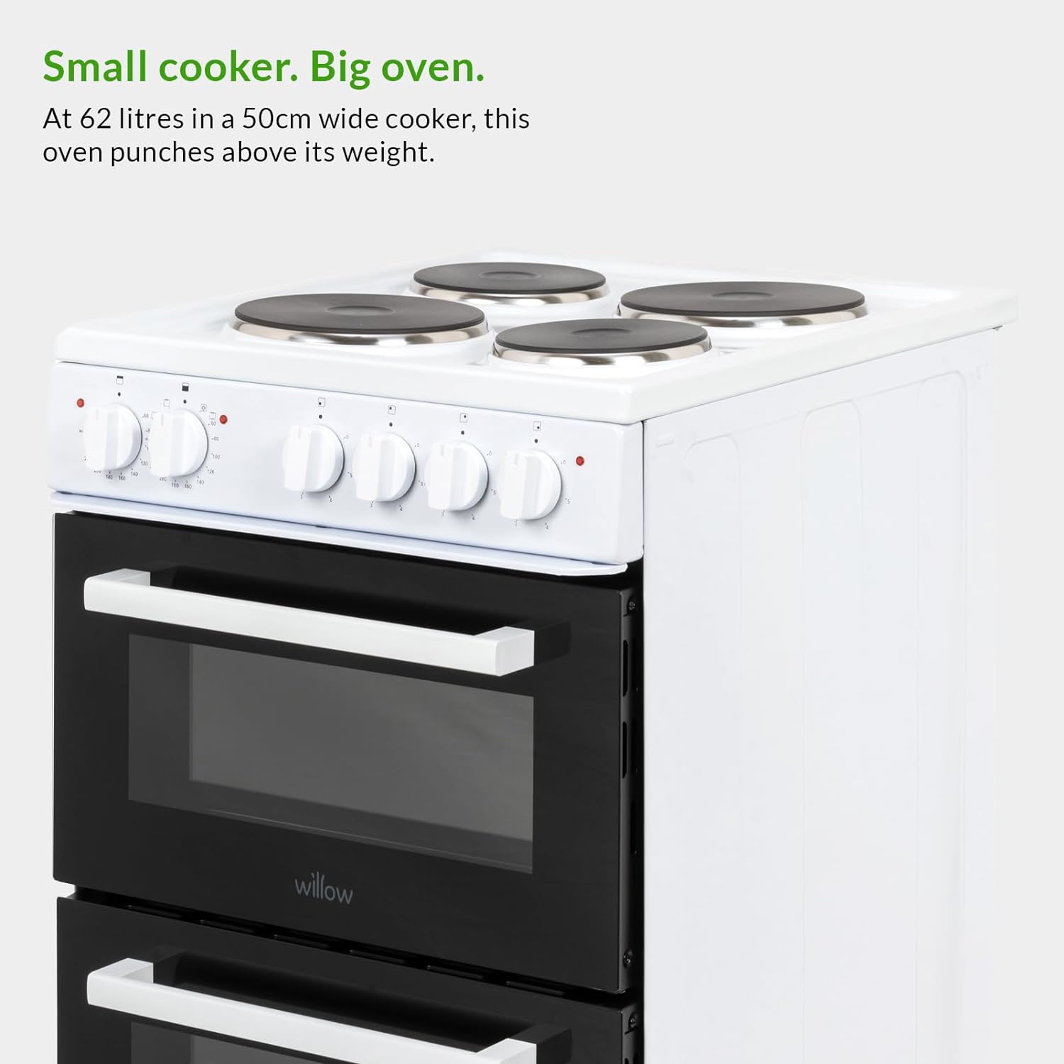 Willow WE50TSW 62L Freestanding Electric Cooker, 50cm Wide Twin Cavity Cooker with Solid 4 Plate Hob, 31L Capacity Grill Cavity, 2 Year Warranty - White - Amazing Gadgets Outlet