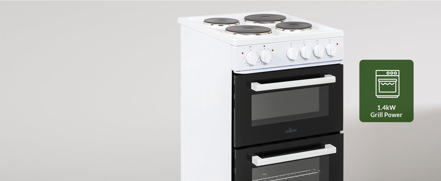 Willow WE50TSW 62L Freestanding Electric Cooker, 50cm Wide Twin Cavity Cooker with Solid 4 Plate Hob, 31L Capacity Grill Cavity, 2 Year Warranty - White - Amazing Gadgets Outlet