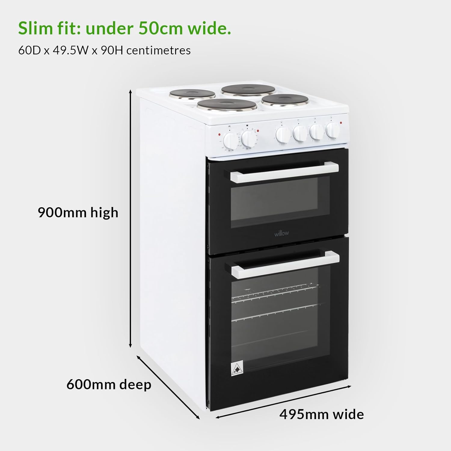 Willow WE50TSW 62L Freestanding Electric Cooker, 50cm Wide Twin Cavity Cooker with Solid 4 Plate Hob, 31L Capacity Grill Cavity, 2 Year Warranty - White - Amazing Gadgets Outlet