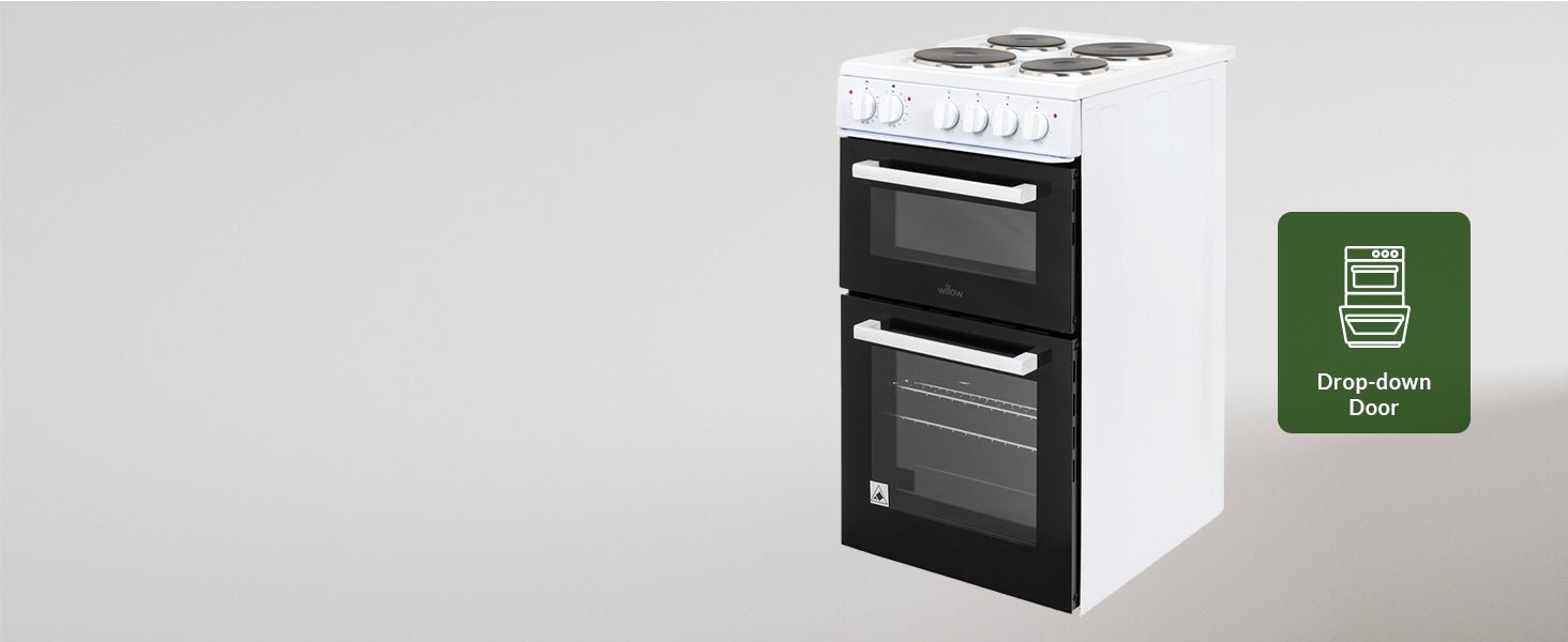 Willow WE50TSW 62L Freestanding Electric Cooker, 50cm Wide Twin Cavity Cooker with Solid 4 Plate Hob, 31L Capacity Grill Cavity, 2 Year Warranty - White - Amazing Gadgets Outlet