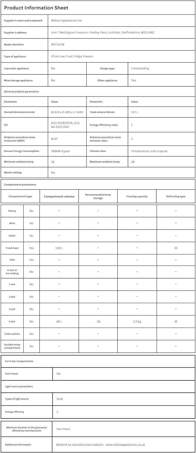 Willow WFF157W 157L Freestanding 70/30 Fridge Freezer with Adjustable Thermostat, Mark - Proof Finish, Low Frost, 2 Year Warranty - White   Import  Single ASIN  Import  Multiple ASIN ×Product customization General Description Gallery R - Amazing Gadgets Outlet