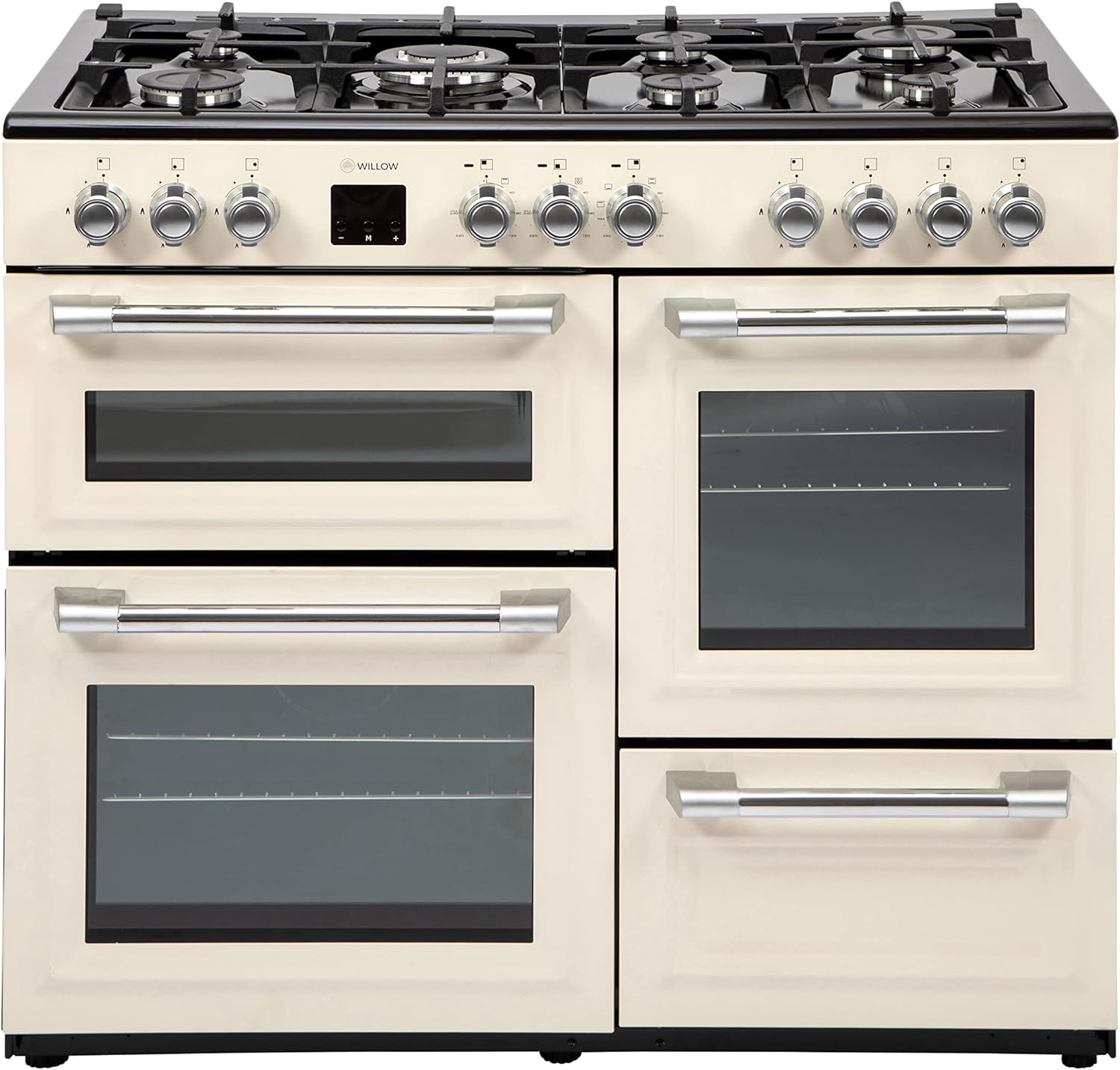 Willow WR100DFCRM Duel Fuel Range Cooker with 7 Gas Burners, 3 Oven Cavities, Digital Display, Programmable Timer, 2 Years Warranty - Cream - Amazing Gadgets Outlet