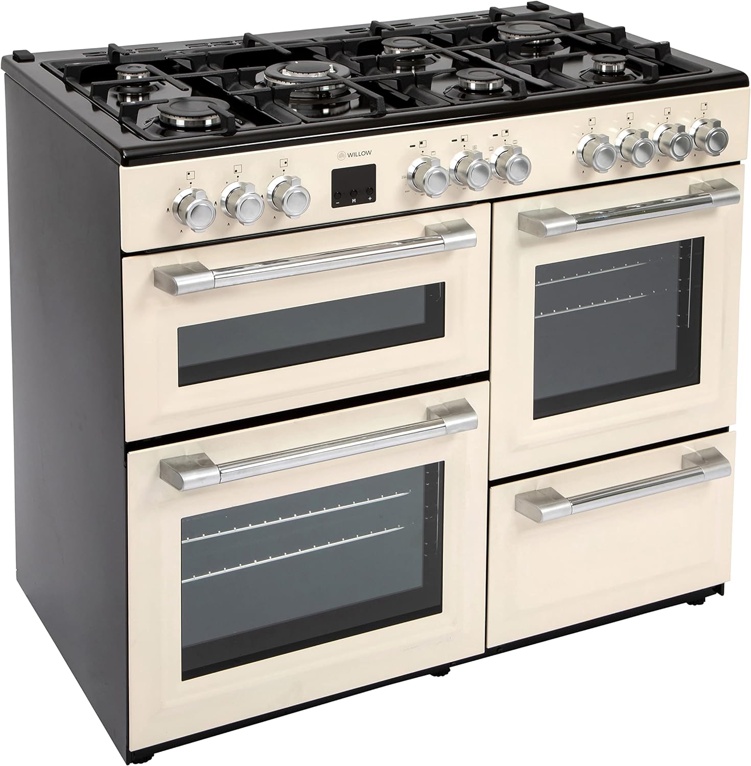 Willow WR100DFCRM Duel Fuel Range Cooker with 7 Gas Burners, 3 Oven Cavities, Digital Display, Programmable Timer, 2 Years Warranty - Cream - Amazing Gadgets Outlet