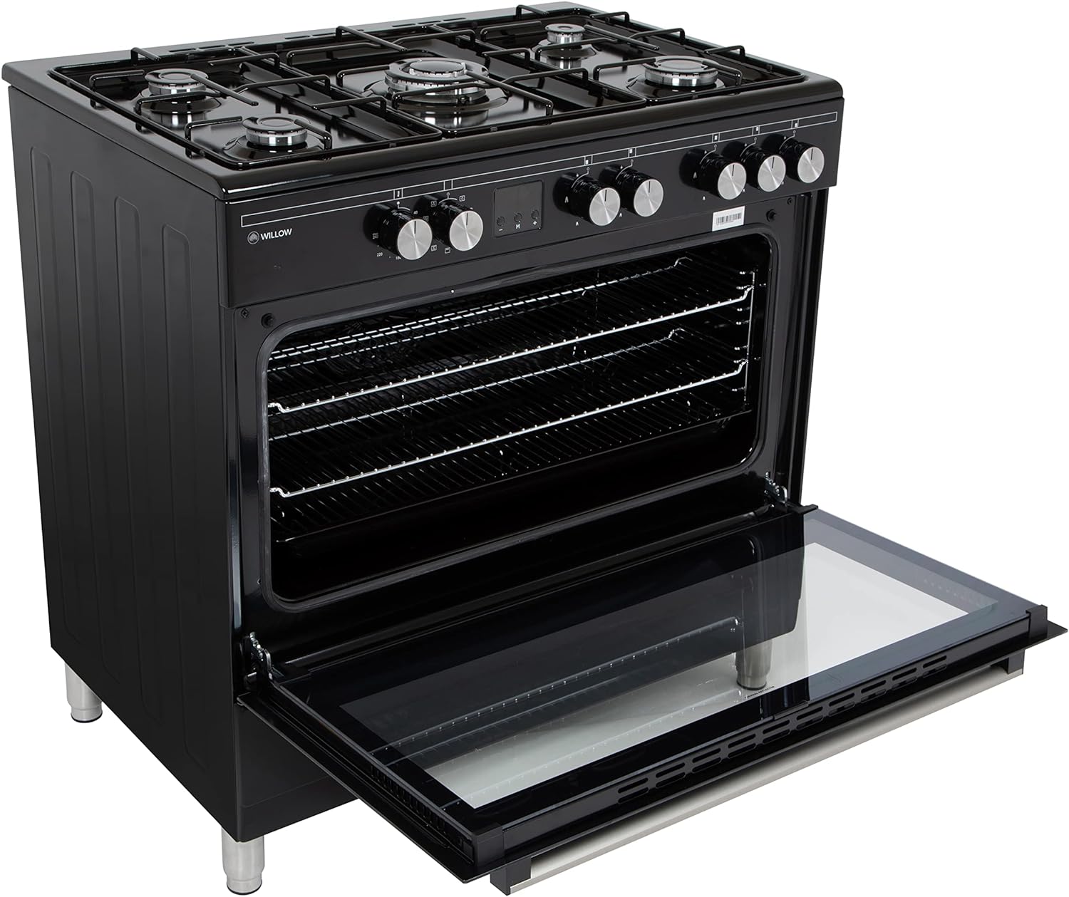 Willow WS90DFBL 95L Capacity Dual Fuel, Freestanding Range Cooker with 5 Gas Burners, Wok Burner, 2 Year Warranty – Black - Amazing Gadgets Outlet