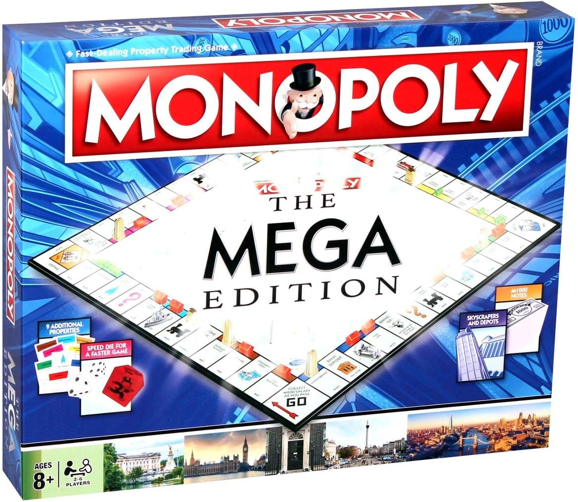 Winning Moves Mega Monopoly, an upgrade on the classic game board with 12 extra spaces including Downing Street, Saville Row and Knightsbridge, Invest in Skyscrapers, for ages 8 plus - Amazing Gadgets Outlet