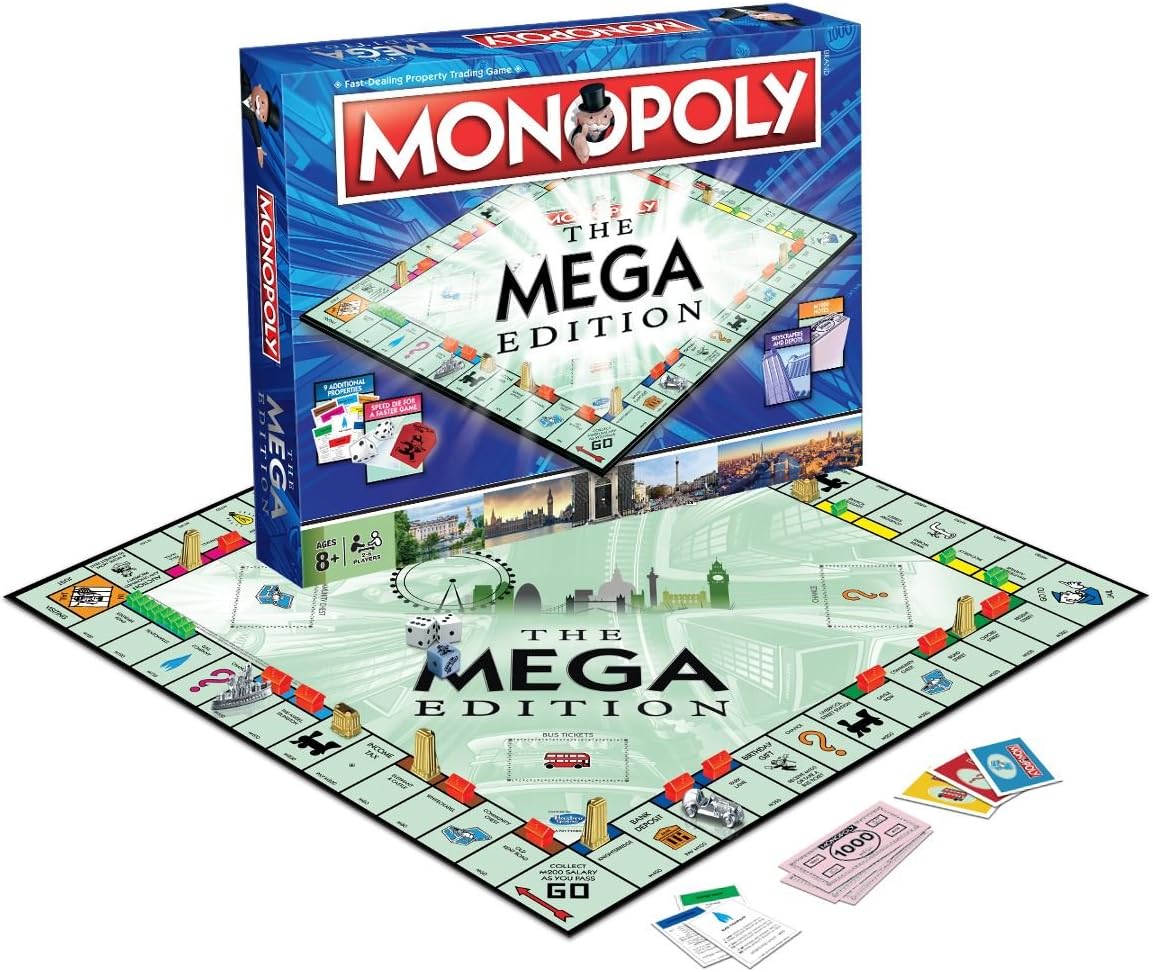 Winning Moves Mega Monopoly, an upgrade on the classic game board with 12 extra spaces including Downing Street, Saville Row and Knightsbridge, Invest in Skyscrapers, for ages 8 plus - Amazing Gadgets Outlet