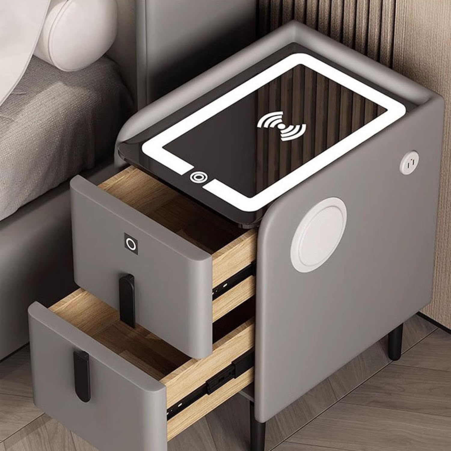 Wireless Charging Smart Bedside Table With LED Lights - Narrow Nightstand With 2 Drawers, Modern Home Gadget And Tech For Bedroom - Amazing Gadgets Outlet