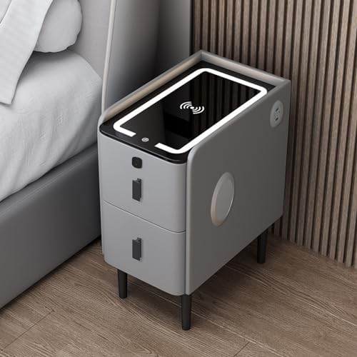 Wireless Charging Smart Bedside Table With LED Lights - Narrow Nightstand With 2 Drawers, Modern Home Gadget And Tech For Bedroom - Amazing Gadgets Outlet