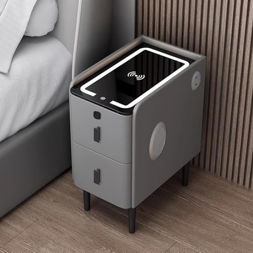 Wireless Charging Smart Bedside Table With LED Lights - Narrow Nightstand With 2 Drawers, Modern Home Gadget And Tech For Bedroom - Amazing Gadgets Outlet