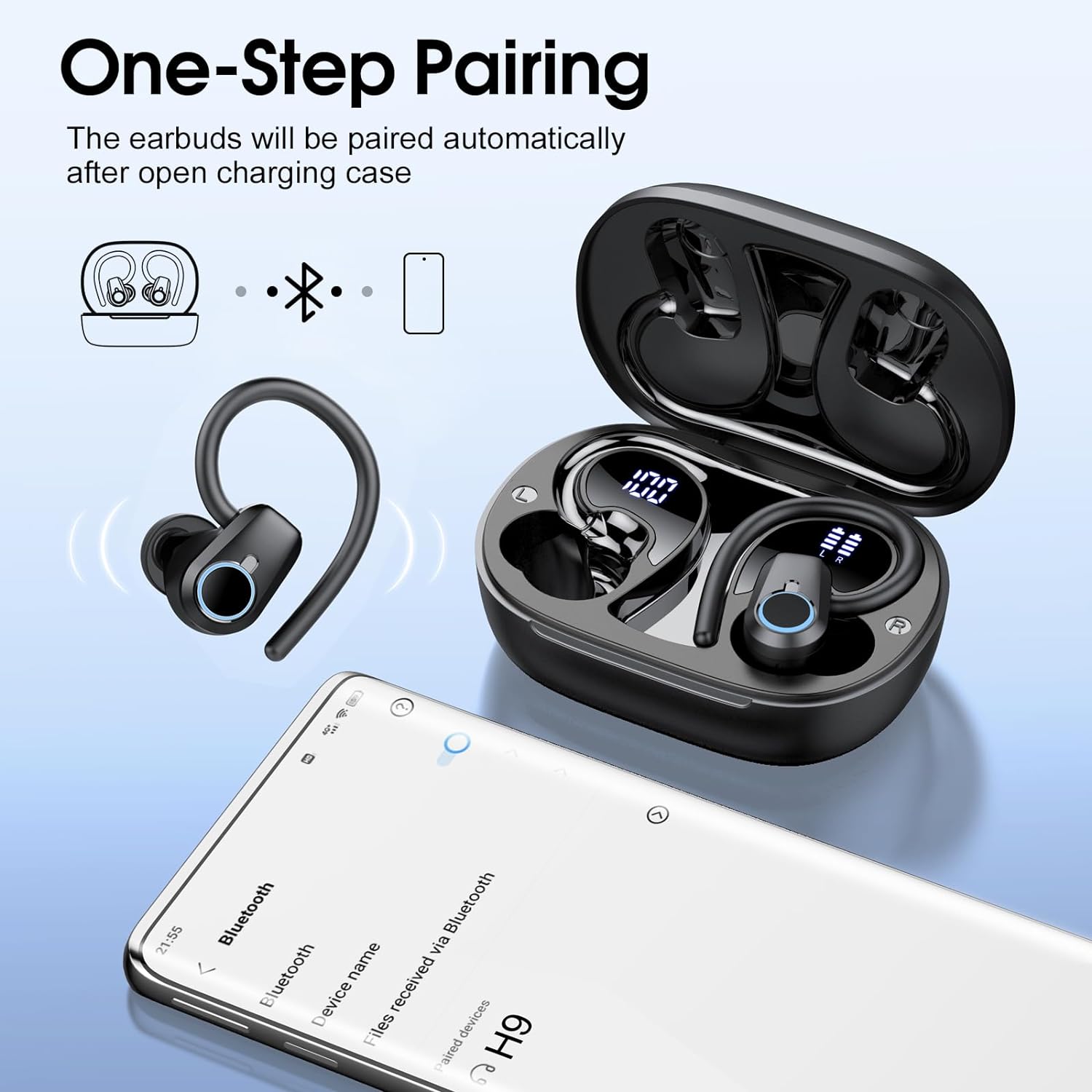 Wireless Earbuds, 2023 Wireless Earphones Bluetooth 5.3 Headphones Wireless, Over Ear Buds Wireless Earbuds with Earhooks, IP7 Waterproof 50H Stereo Wireless Headphones Sport, Dual LED Display, Black - Amazing Gadgets Outlet