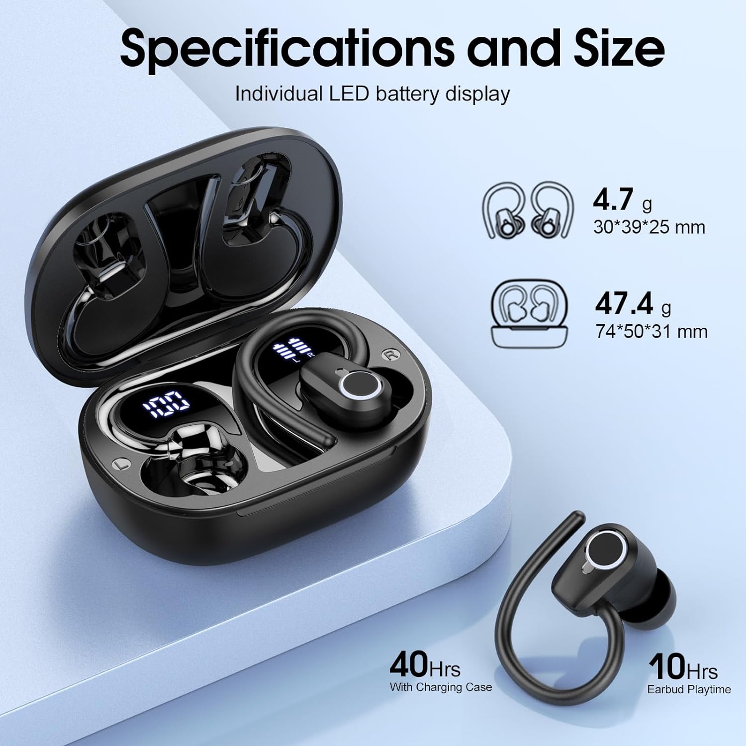 Wireless Earbuds, 2023 Wireless Earphones Bluetooth 5.3 Headphones Wireless, Over Ear Buds Wireless Earbuds with Earhooks, IP7 Waterproof 50H Stereo Wireless Headphones Sport, Dual LED Display, Black - Amazing Gadgets Outlet