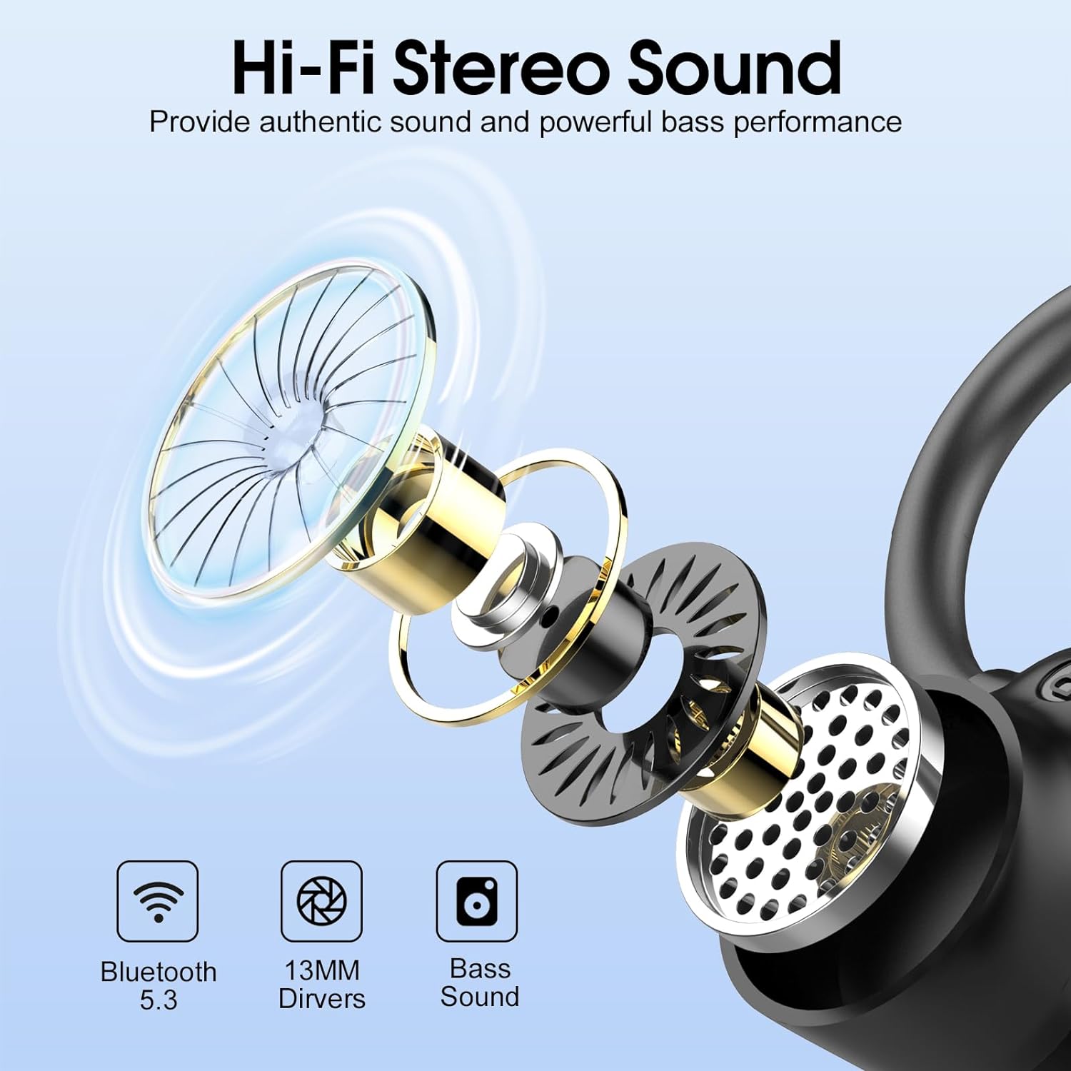 Wireless Earbuds, 2023 Wireless Earphones Bluetooth 5.3 Headphones Wireless, Over Ear Buds Wireless Earbuds with Earhooks, IP7 Waterproof 50H Stereo Wireless Headphones Sport, Dual LED Display, Black - Amazing Gadgets Outlet