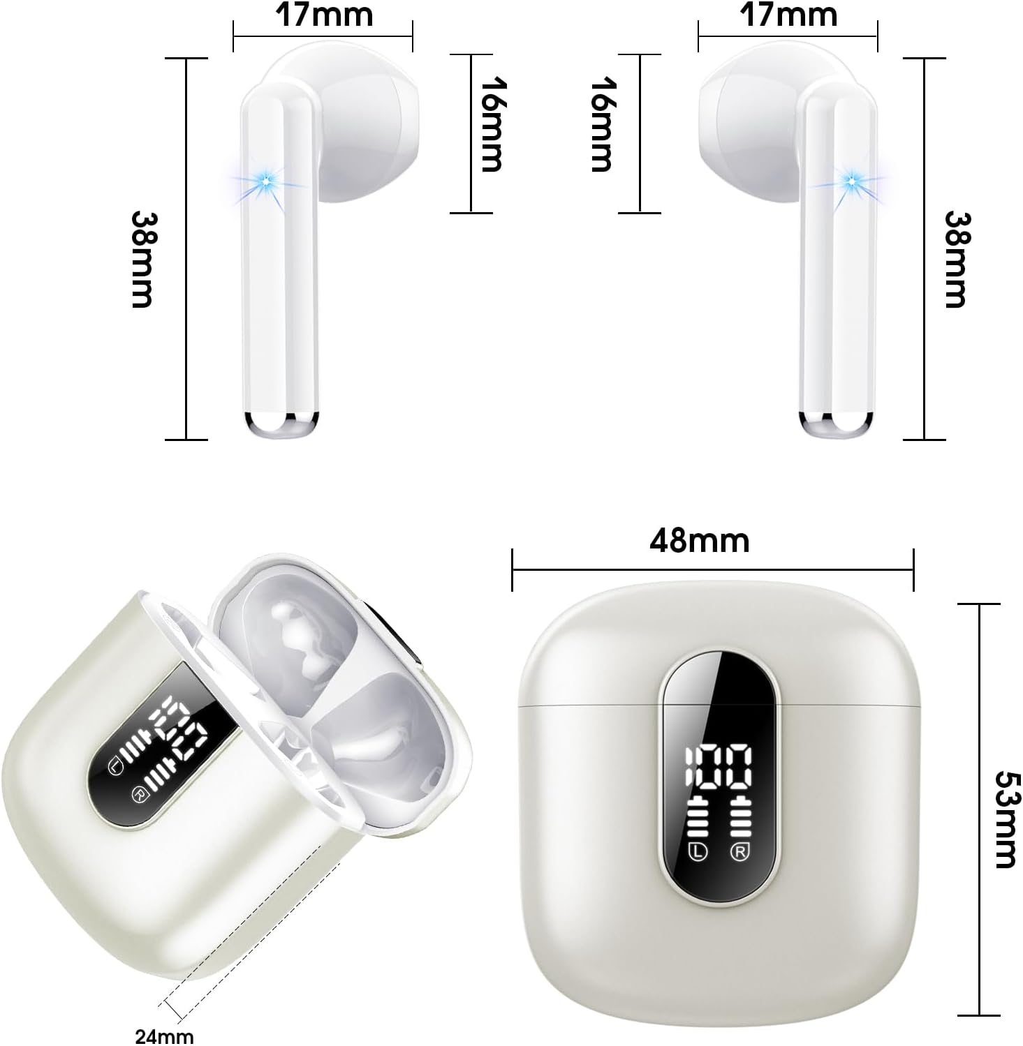 Wireless Earbuds, 2024 Bluetooth 5.3 Headphones, Stereo Earphones with ENC Mic, Wireless Headphones in ear earbuds with Dual LED Display, 30H Playtime, Gym Headphones IP7 Waterproof, Ceramic White - Amazing Gadgets Outlet