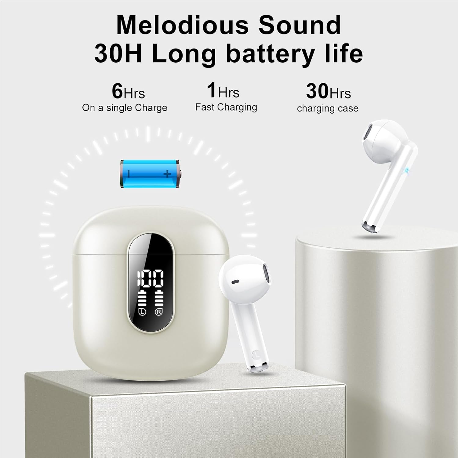 Wireless Earbuds, 2024 Bluetooth 5.3 Headphones, Stereo Earphones with ENC Mic, Wireless Headphones in ear earbuds with Dual LED Display, 30H Playtime, Gym Headphones IP7 Waterproof, Ceramic White - Amazing Gadgets Outlet