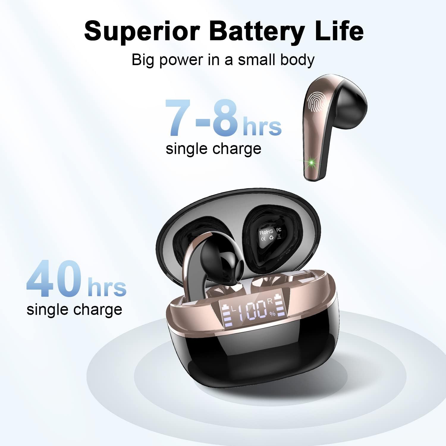 Wireless Earbuds, 2024 Bluetooth 5.3 Headphones with HD Mic HiFi Stereo Sound, Wireless Headphones with Dual LED Display Touch Control, 40H Playtime Mini Bluetooth Earphones IP7 Waterproof, Black - Amazing Gadgets Outlet