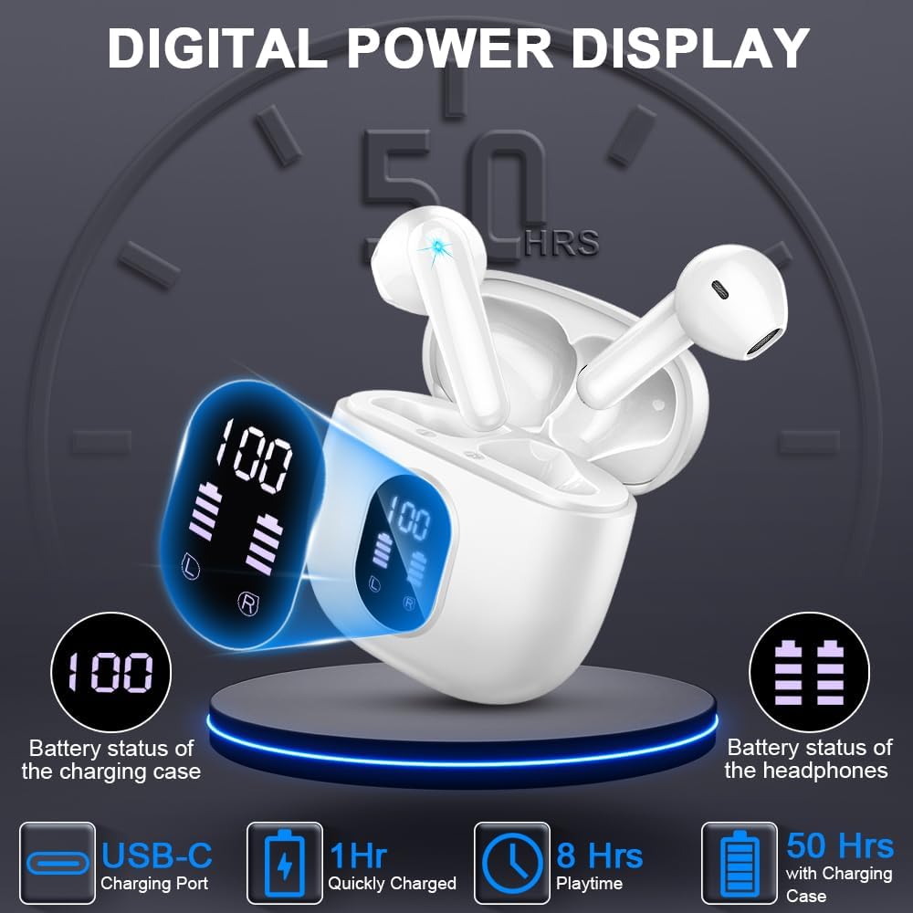 Wireless Earbuds, Bluetooth 5.3 Headphones 2024 Wireless Headphones in Ear with ENC Mic, Bluetooth Earphones Noise Cancelling Ear buds with 50H Hifi Stereo, IP7 Waterproof Headset, USB - C, LED Display - Amazing Gadgets Outlet