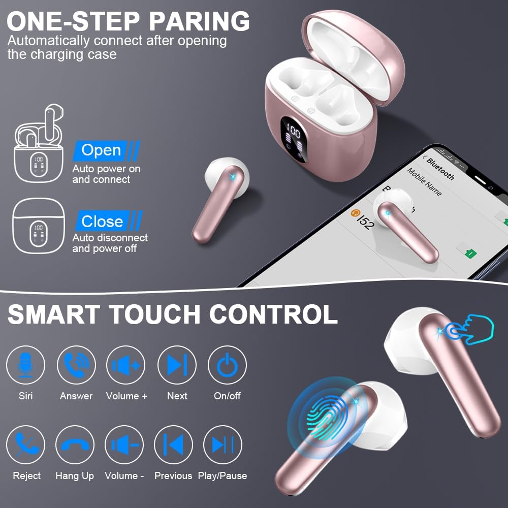 Wireless Earbuds, Bluetooth 5.3 Headphones 2024 Wireless Headphones in Ear with ENC Mic, Bluetooth Earphones Noise Cancelling Ear buds with 50H Hifi Stereo, IP7 Waterproof Headset, USB - C, LED Display - Amazing Gadgets Outlet