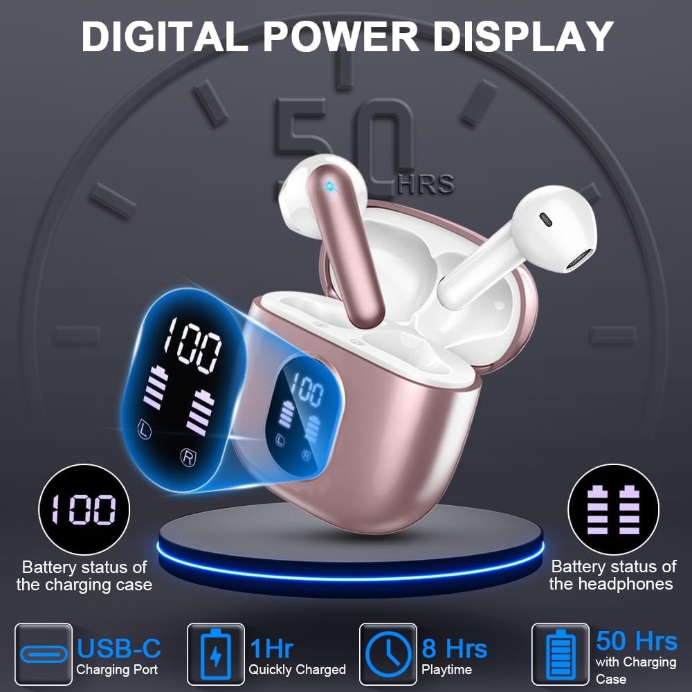 Wireless Earbuds, Bluetooth 5.3 Headphones 2024 Wireless Headphones in Ear with ENC Mic, Bluetooth Earphones Noise Cancelling Ear buds with 50H Hifi Stereo, IP7 Waterproof Headset, USB - C, LED Display - Amazing Gadgets Outlet