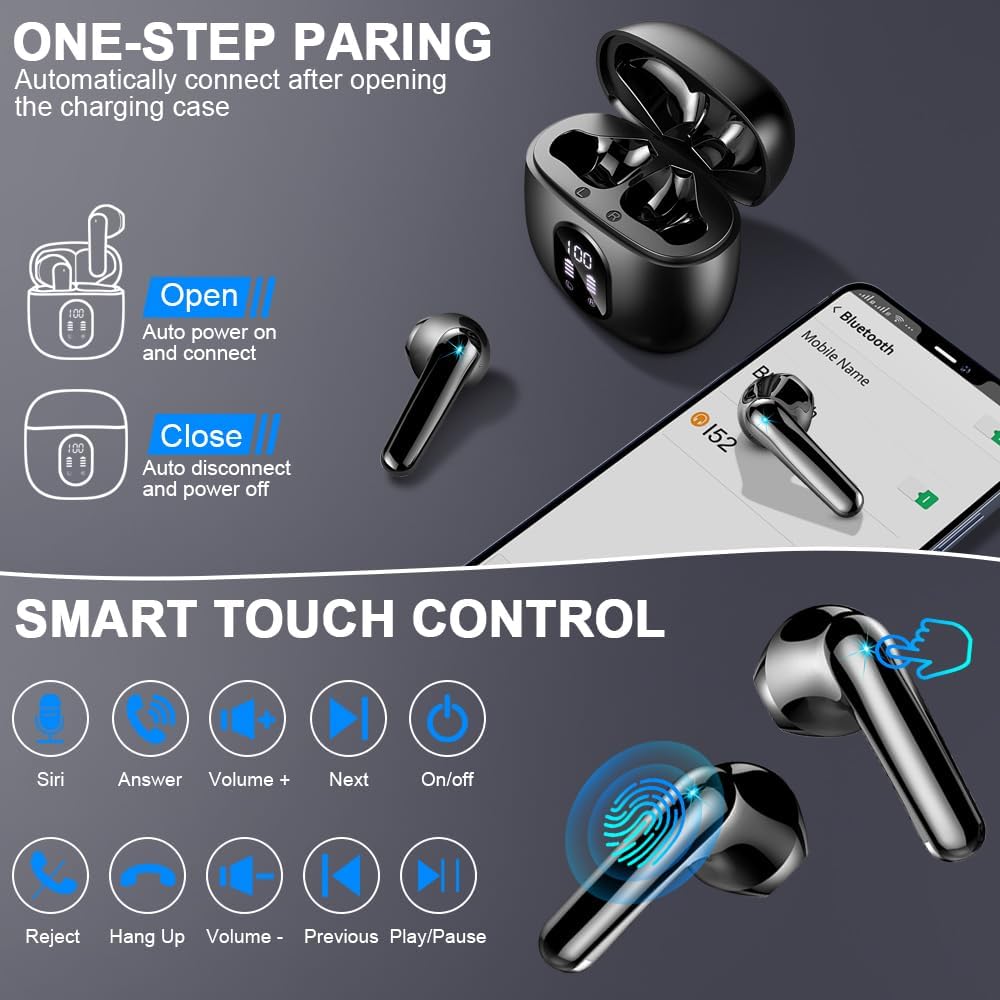 Wireless Earbuds, Bluetooth 5.3 Headphones 2024 Wireless Headphones in Ear with ENC Mic, Bluetooth Earphones Noise Cancelling Ear buds with 50H Hifi Stereo, IP7 Waterproof Headset, USB - C, LED Display - Amazing Gadgets Outlet