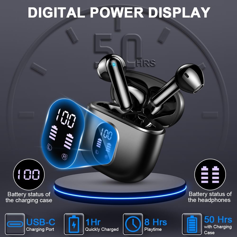 Wireless Earbuds, Bluetooth 5.3 Headphones 2024 Wireless Headphones in Ear with ENC Mic, Bluetooth Earphones Noise Cancelling Ear buds with 50H Hifi Stereo, IP7 Waterproof Headset, USB - C, LED Display - Amazing Gadgets Outlet