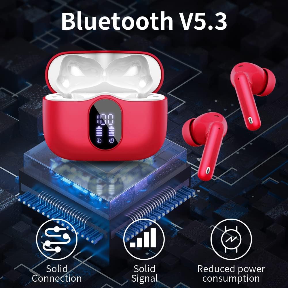 Wireless Earbuds, Bluetooth 5.3 Headphones In Ear with 4 ENC Noise Cancelling Mic, LED Display New Bluetooth Earbuds Mini Deep Bass Stereo Sound, 36H Playtime, Wireless Earphones IP7 Waterproof, Red - Amazing Gadgets Outlet