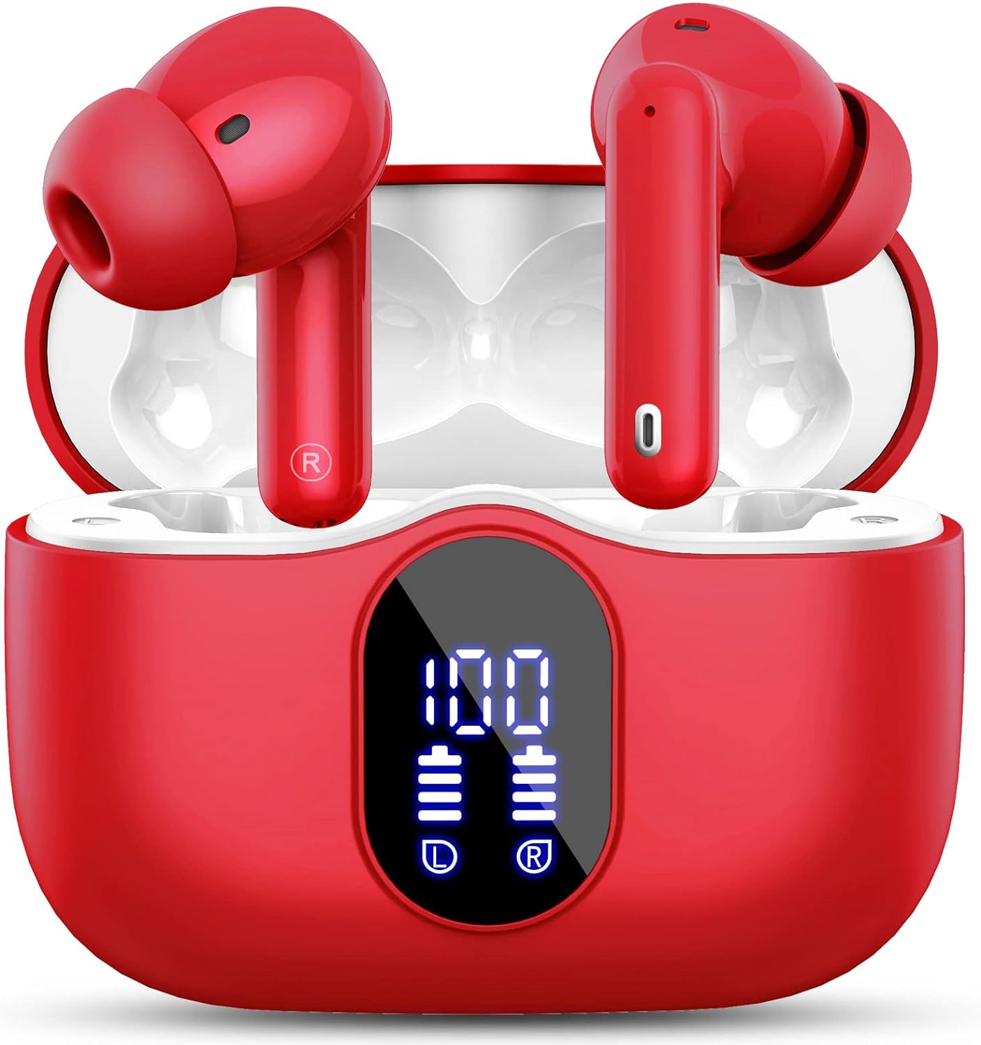 Wireless Earbuds, Bluetooth 5.3 Headphones In Ear with 4 ENC Noise Cancelling Mic, LED Display New Bluetooth Earbuds Mini Deep Bass Stereo Sound, 36H Playtime, Wireless Earphones IP7 Waterproof, Red - Amazing Gadgets Outlet