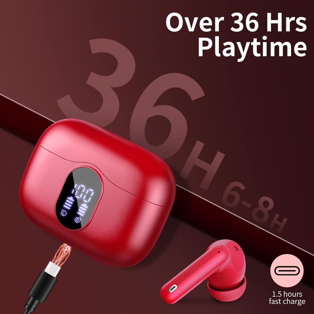 Wireless Earbuds, Bluetooth 5.3 Headphones In Ear with 4 ENC Noise Cancelling Mic, LED Display New Bluetooth Earbuds Mini Deep Bass Stereo Sound, 36H Playtime, Wireless Earphones IP7 Waterproof, Red - Amazing Gadgets Outlet