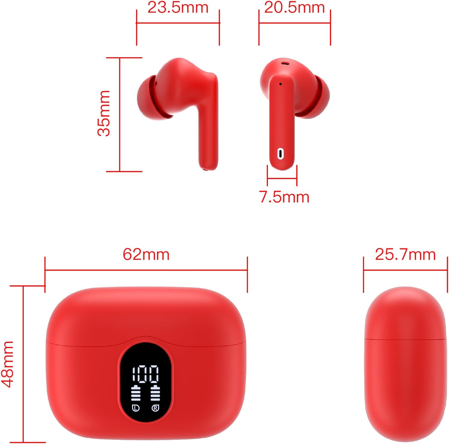 Wireless Earbuds, Bluetooth 5.3 Headphones In Ear with 4 ENC Noise Cancelling Mic, LED Display New Bluetooth Earbuds Mini Deep Bass Stereo Sound, 36H Playtime, Wireless Earphones IP7 Waterproof, Red - Amazing Gadgets Outlet