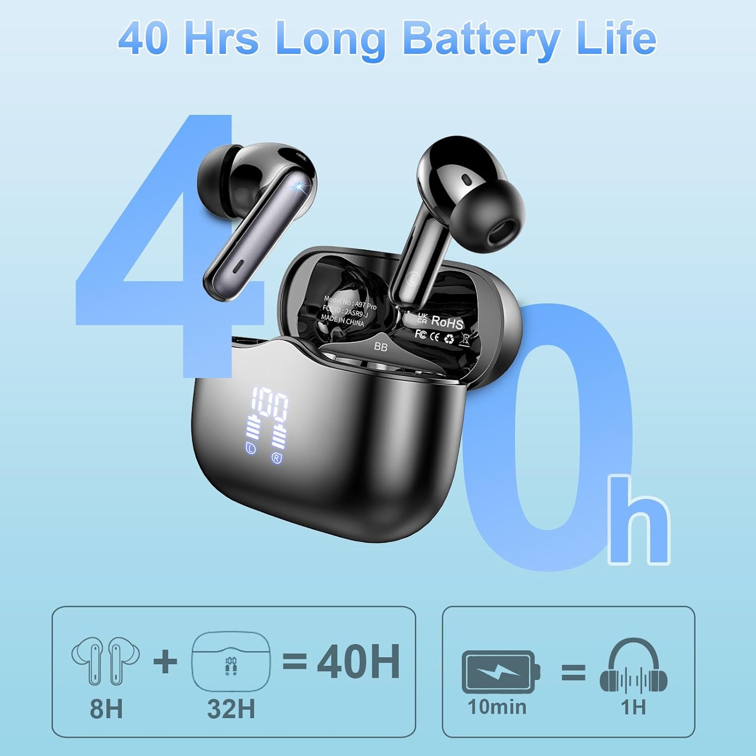 Wireless Earbuds, Bluetooth 5.3 Headphones in Ear with HiFi Stereo Deep Bass, 4 ENC Noise Cancelling Mic Wireless Earphones 40H Playtime, Bluetooth Earbuds Dual LED Display, IP7 Waterproof, USB - C - Amazing Gadgets Outlet