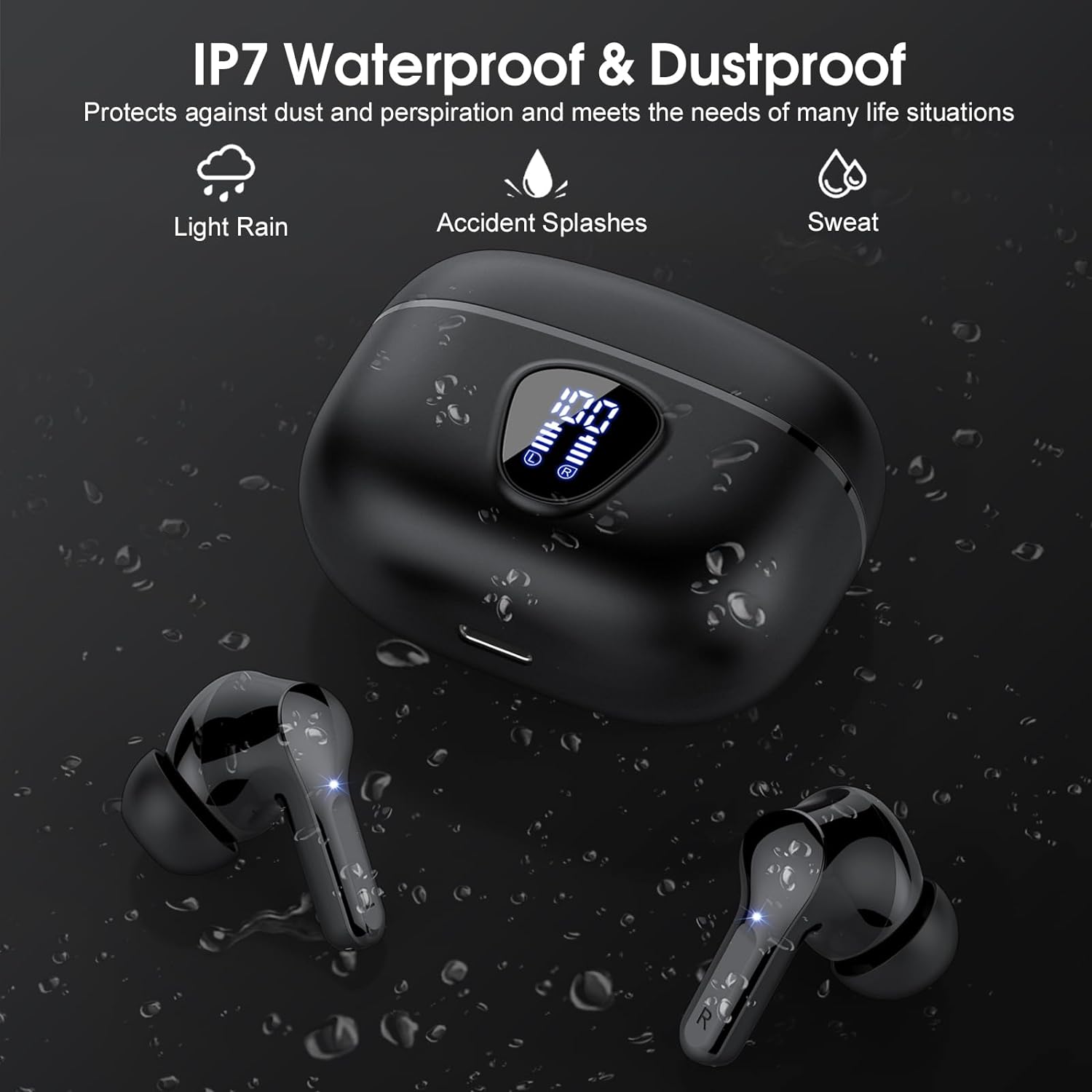 Wireless Earbuds, Bluetooth 5.3 Headphones with 4 ENC Noise Cancelling Mic, Bluetooth Earbuds 40H Playtime , Wireless Headphones in ear Earphones Bass Stereo, LED Display, IP7 Waterproof, Noble Black - Amazing Gadgets Outlet