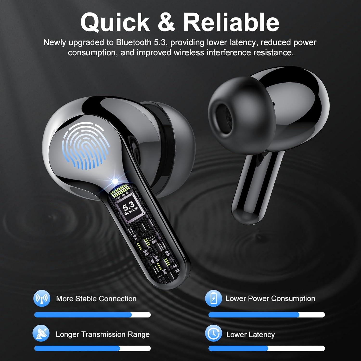 Wireless Earbuds, Bluetooth 5.3 Headphones with 4 ENC Noise Cancelling Mic, Bluetooth Earbuds 40H Playtime , Wireless Headphones in ear Earphones Bass Stereo, LED Display, IP7 Waterproof, Noble Black - Amazing Gadgets Outlet