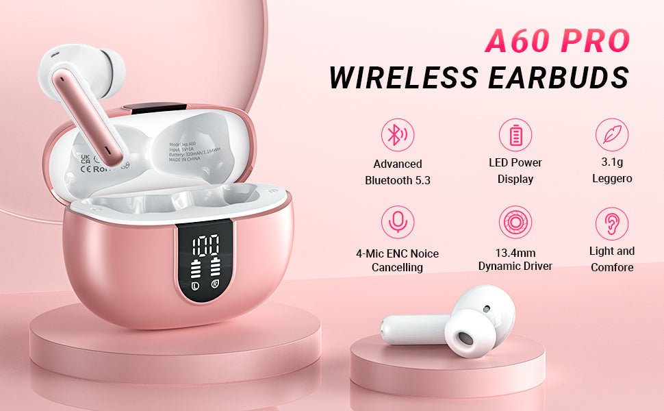 Wireless Earbuds, Bluetooth 5.3 Headphones with 4 HD Microphones 2024 ENC Call Noise Canceling In - Ear Headphones,42H Playtime LED Display, HiFi Stereo Sport Earbuds IP7 Waterproof - Amazing Gadgets Outlet