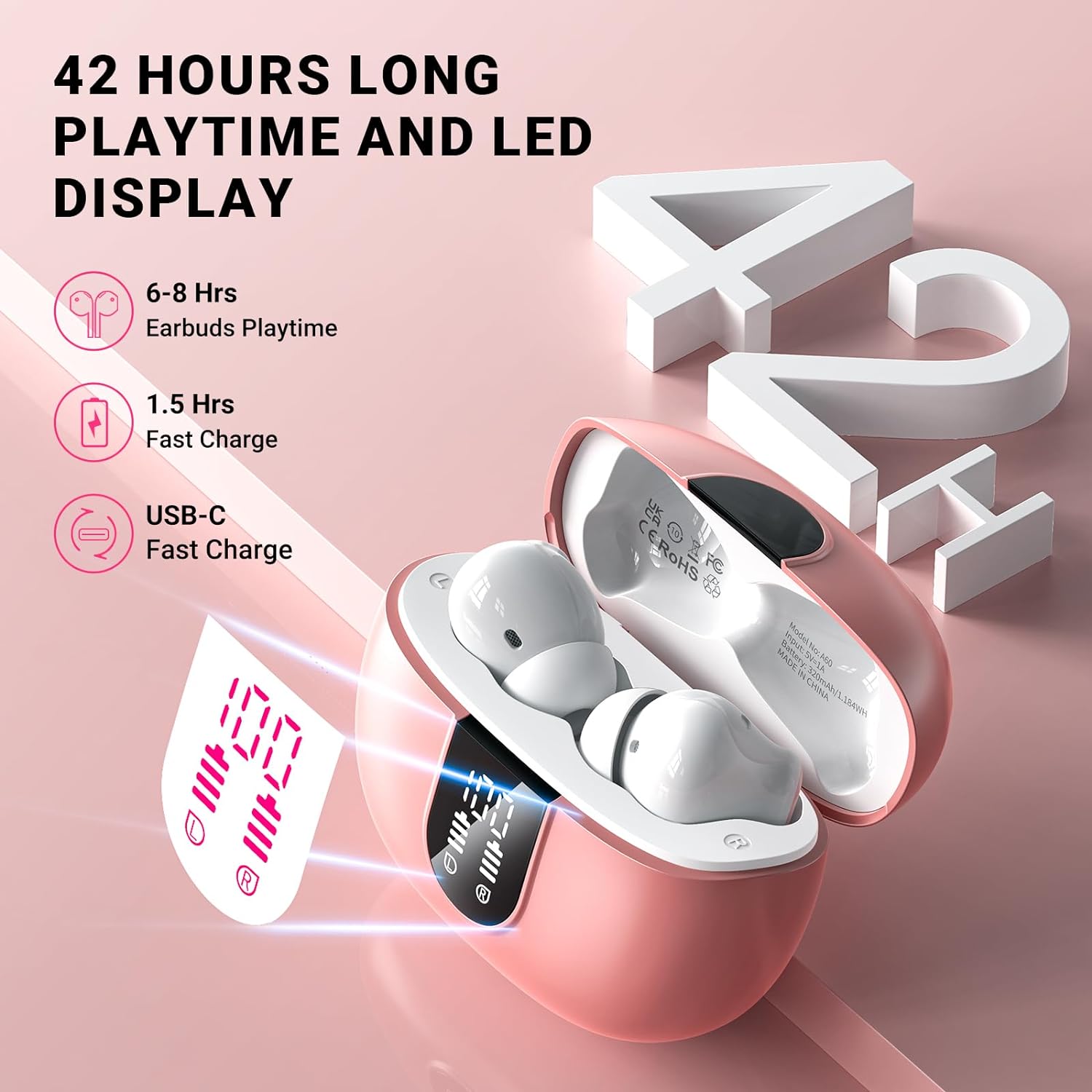 Wireless Earbuds, Bluetooth 5.3 Headphones with 4 HD Microphones 2024 ENC Call Noise Canceling In - Ear Headphones,42H Playtime LED Display, HiFi Stereo Sport Earbuds IP7 Waterproof - Amazing Gadgets Outlet