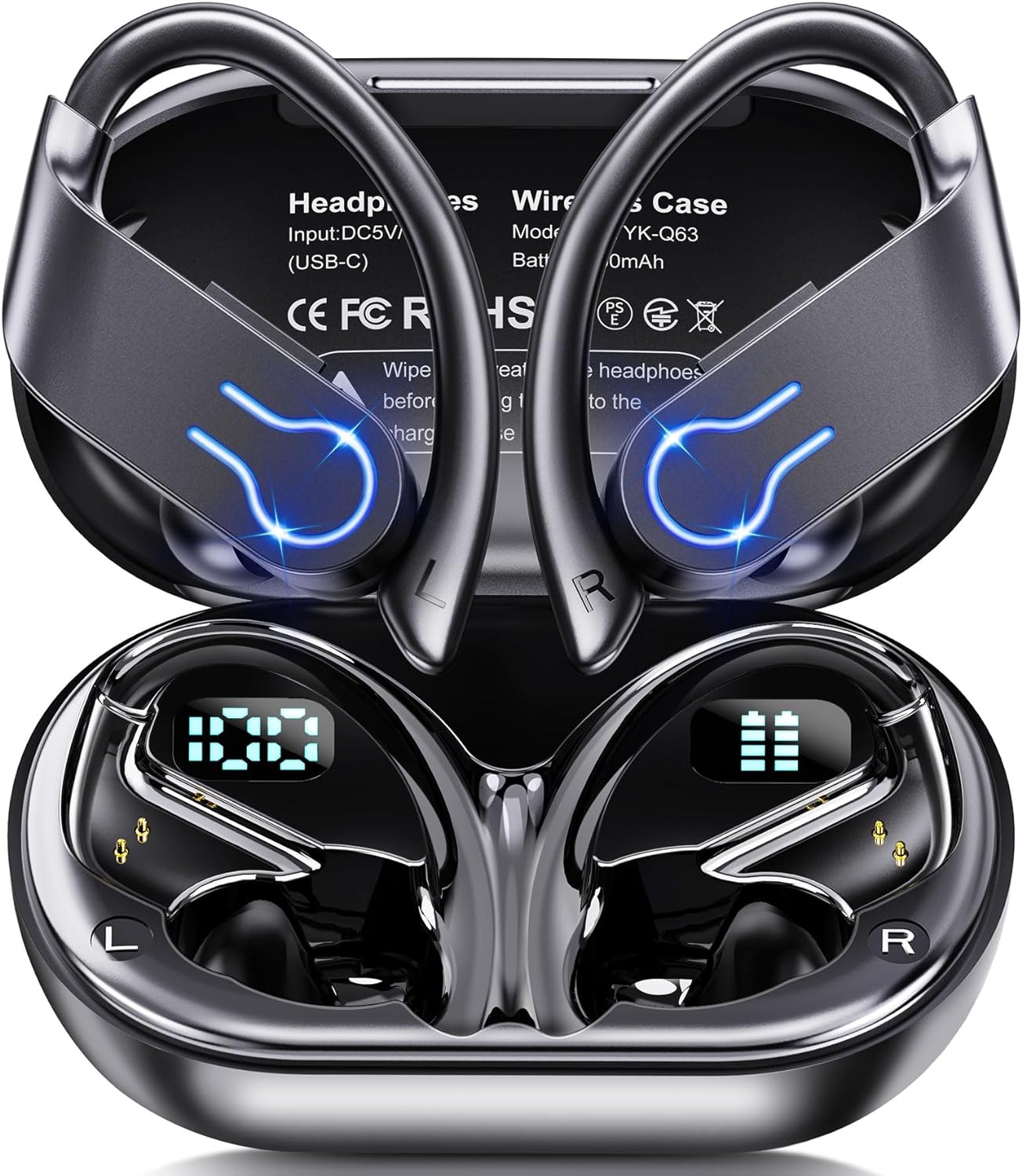 Wireless Earbuds Bluetooth Headphones 120H Playtime Stereo Ear Buds Bluetooth 5.3 Dual Power Display Sports Headphones with Earhooks IPX7 Waterproof Earbuds with ENC Mic Over - Ear Earphones for Running - Amazing Gadgets Outlet