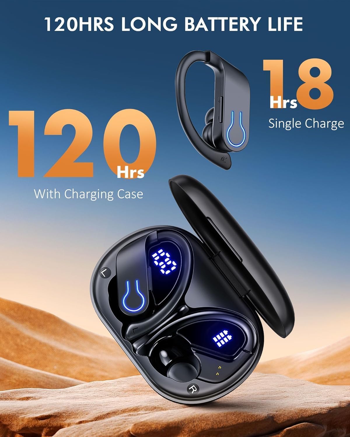 Wireless Earbuds Bluetooth Headphones 120H Playtime Stereo Ear Buds Bluetooth 5.3 Dual Power Display Sports Headphones with Earhooks IPX7 Waterproof Earbuds with ENC Mic Over - Ear Earphones for Running - Amazing Gadgets Outlet