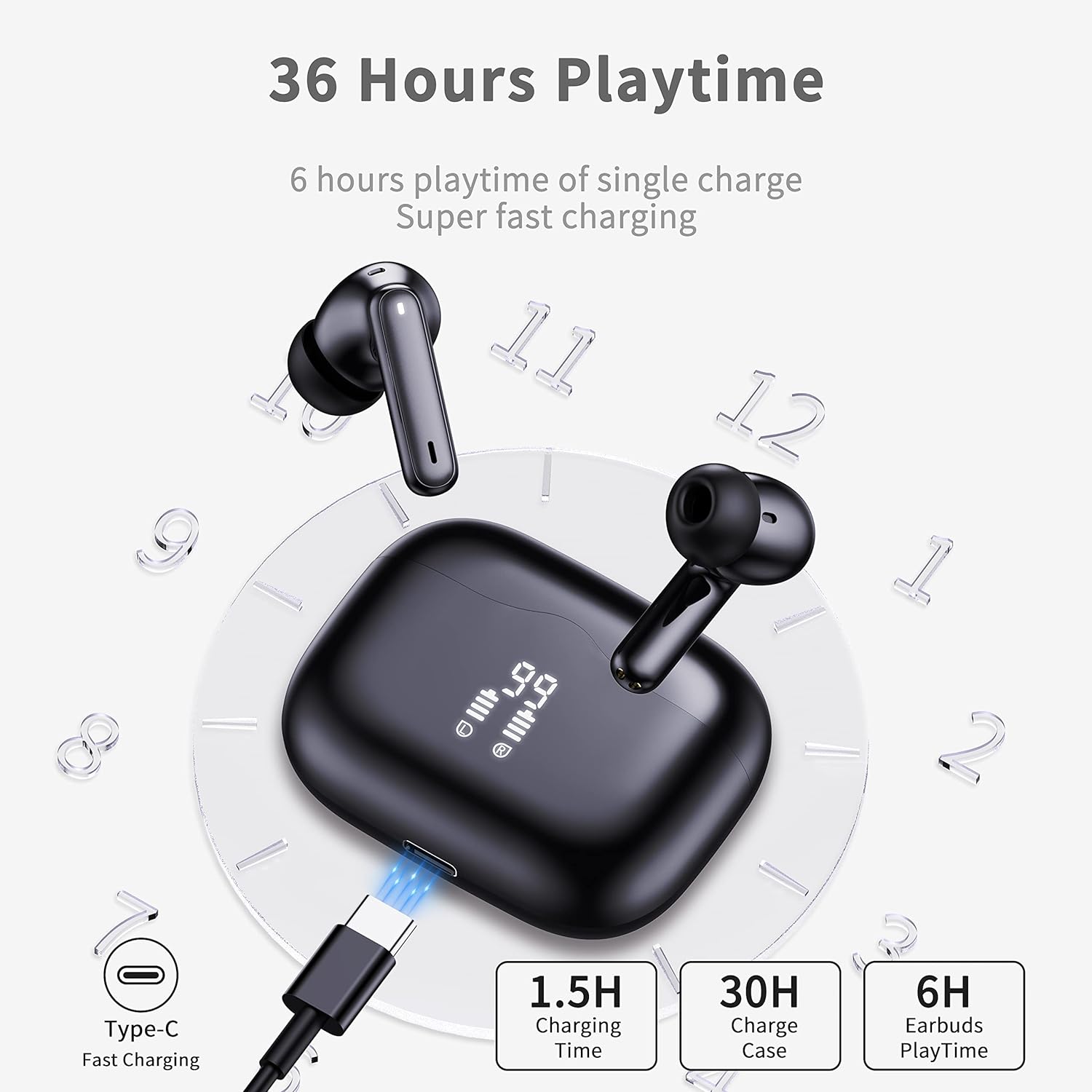 Wireless Earbuds, Headphones Bluetooth 5.3 Earphones with 13mm Drivers, IP7 Waterproof Earbuds, 36H Playtime, LED Display, Mini Ultra Light Black - Amazing Gadgets Outlet